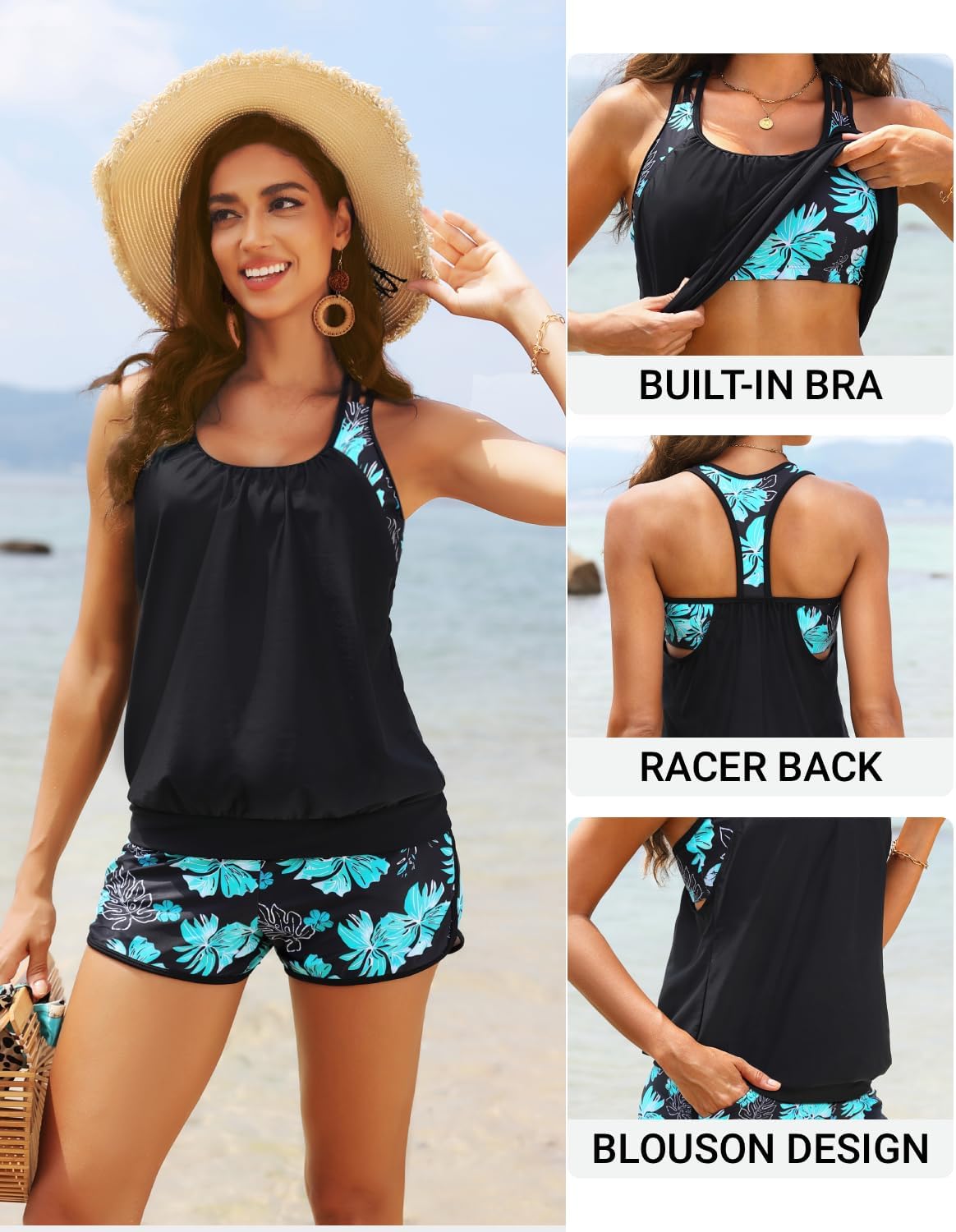 Women Tankini Swimsuits with Shorts - Two Piece Tummy Control Blouson Tankini with Two Pockets Bottom Bathing Suit - Image 3