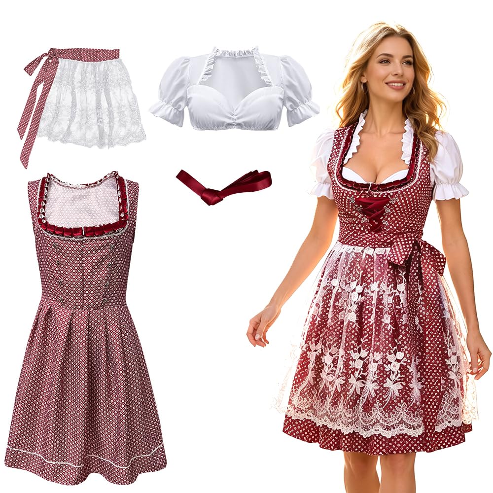 Foreverup Damen midi Trachtenkleid, Tachtenkleid für Oktoberfest, Damen Weinrot Trachtenkleid, Germandress für Oktoberfest mit Trachtenbluse Spitze Midi Rock Schürze für Besondere Anlässe