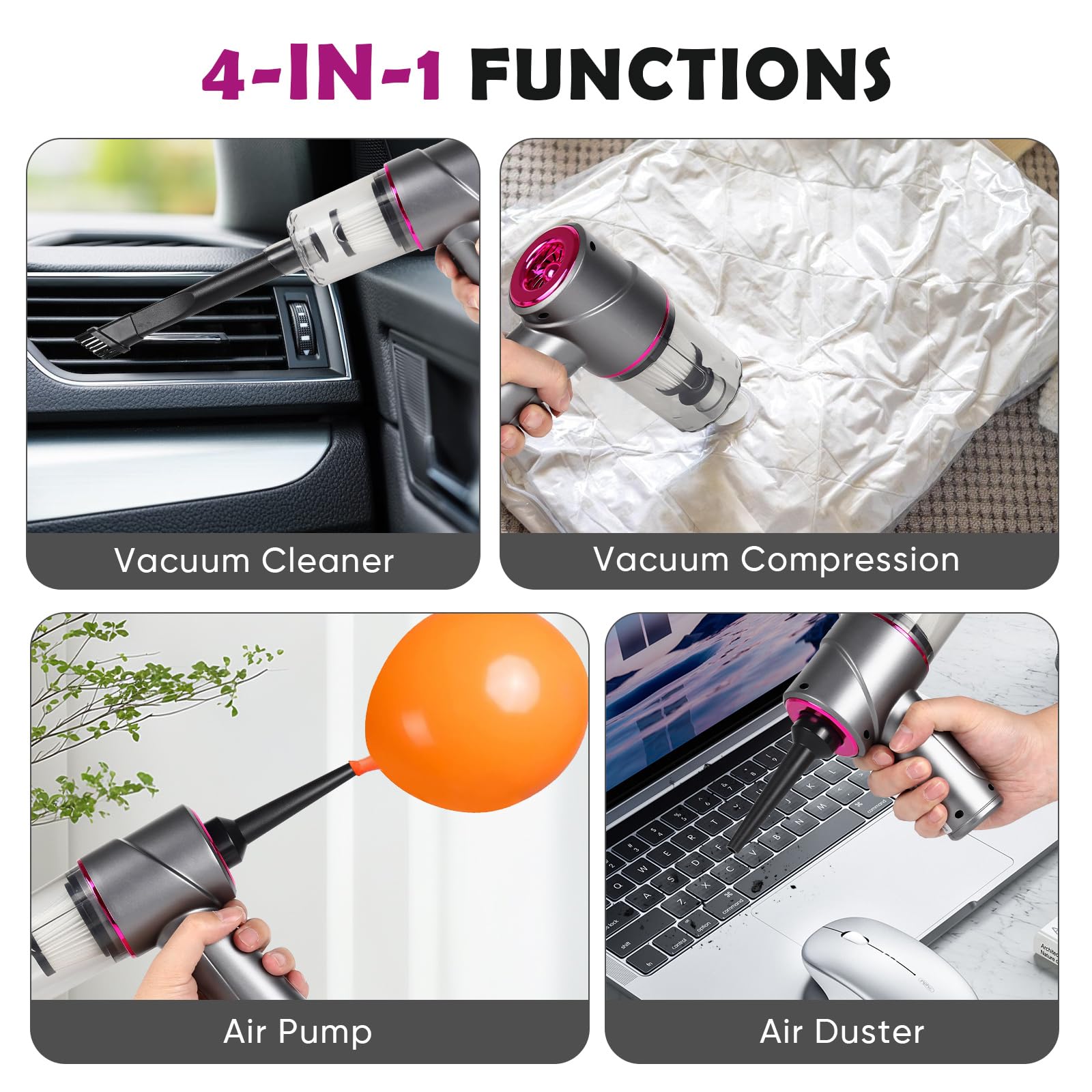 Aspirador de Mano,15000Pa Aspirador Coche Potente Portátil Sin Cable,120W 5000mAh 4 en 1 Mini Aspiradora de Mano,Recargable Carga Rápida USB,con Filtro Lavable, para Coche,Hogar,Oficina
