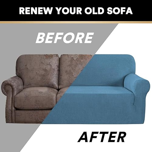 Miniatura 4 de PrinceDeco Funda elástica para sofá de 3 cojines, protector de muebles con parte inferior elástica antideslizante, apta para perros (sofá, azul