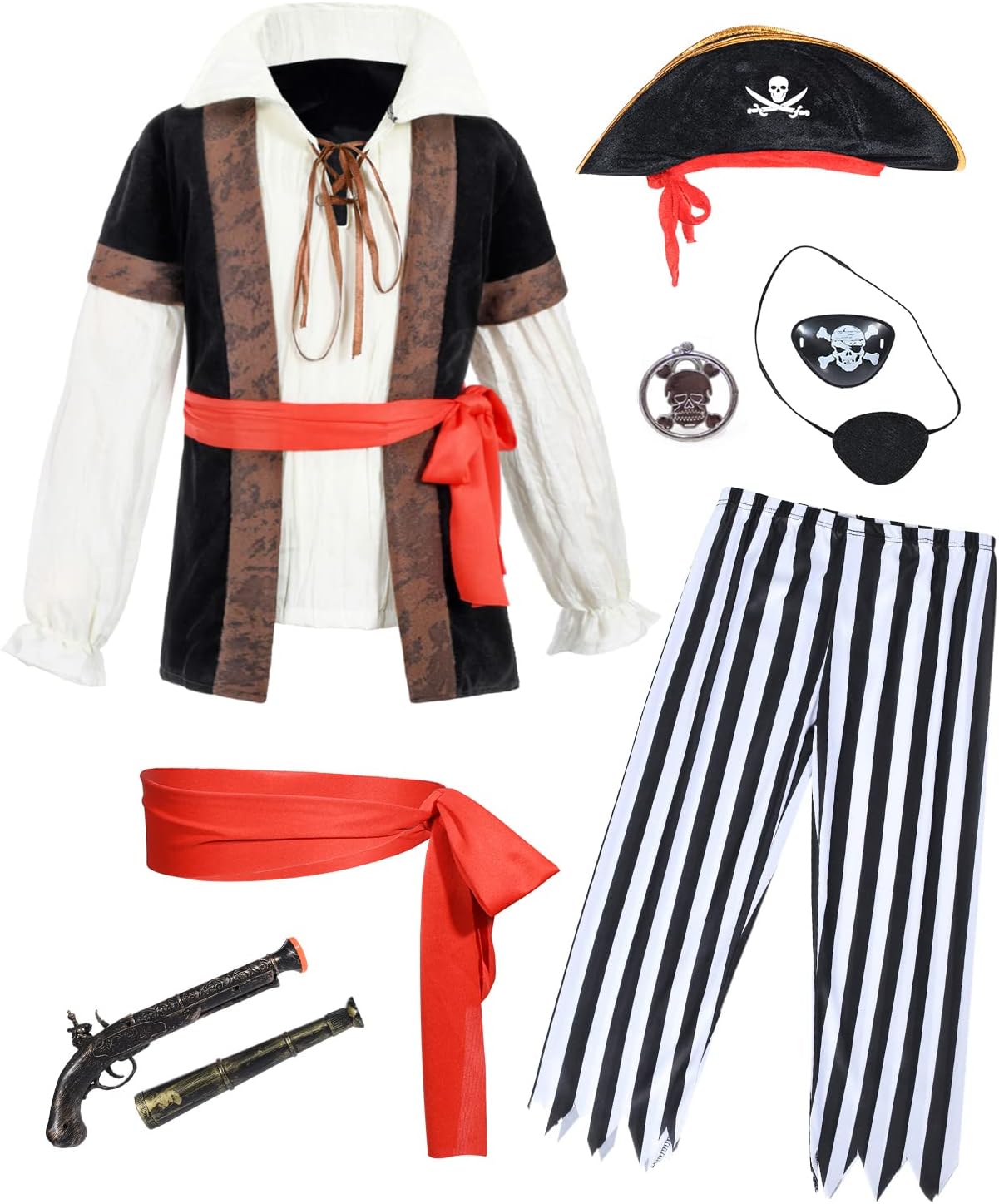 10 PCS Pirate Costume Kids Coat Pants Hat with Accessories Deluxe Set for Party Cosplay 3-10 Years