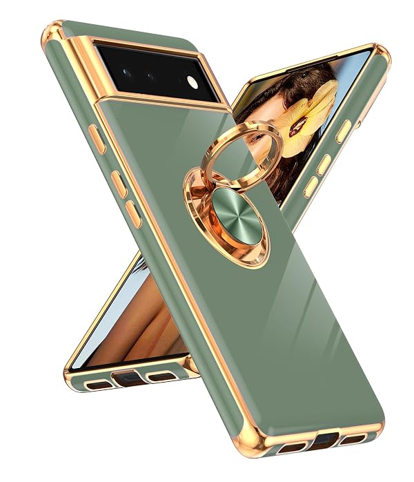 LeYi for Google Pixel 6 Phone Case: 360° Rotatable Ring Holder Magnetic Kickstand, Plating Rose Gold Edge Protective for Google Pixel 6 Case, L-Green by LeYi - Used condition - US$6.34