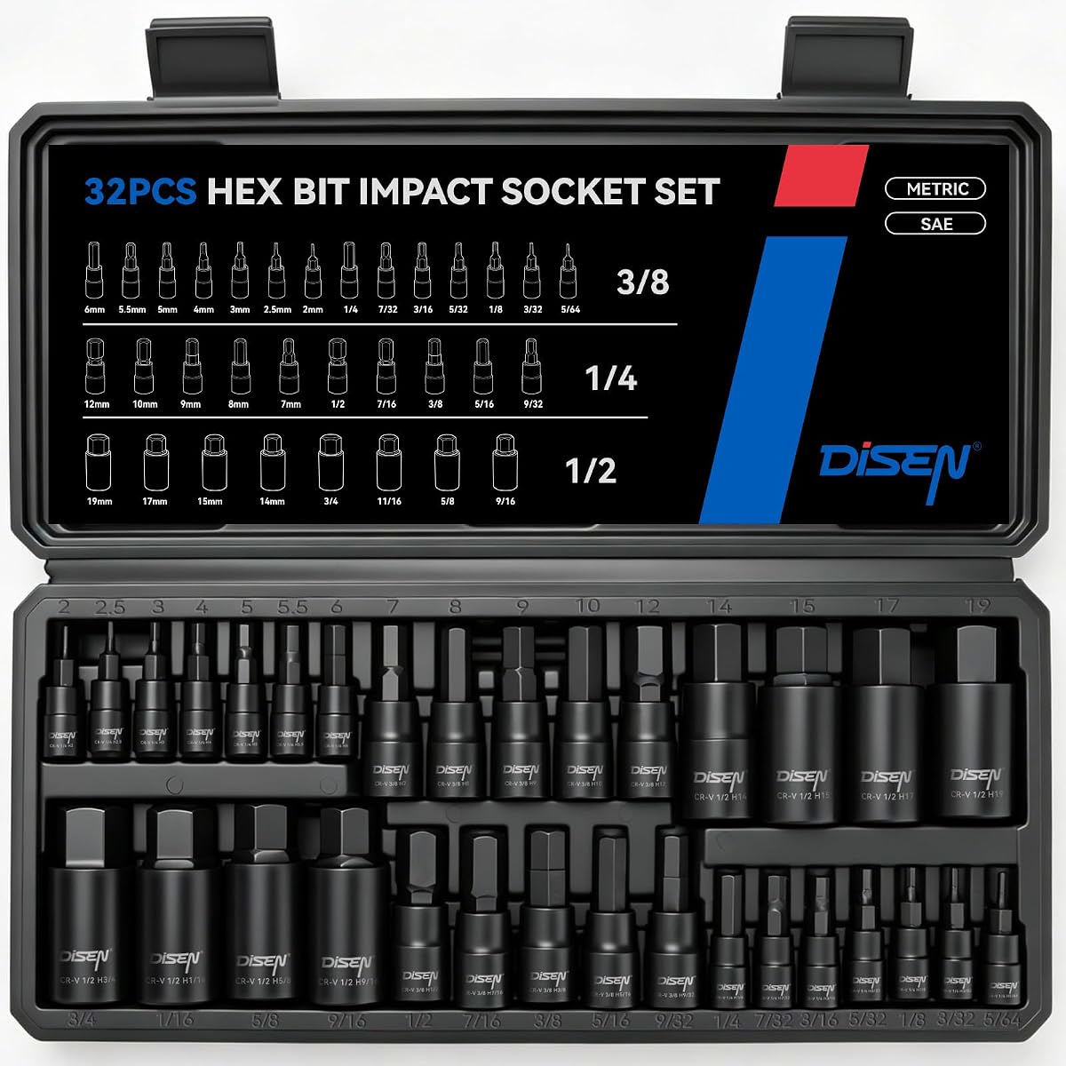 DISEN 32PCS HEX Bit Socket Set, SAE & Metric Allen Wrench Socket Set | Drive Master Allen Impact Socket Set with Enhanced Storage Case, Chrome Vanadium Steel & S2 Alloy Steel