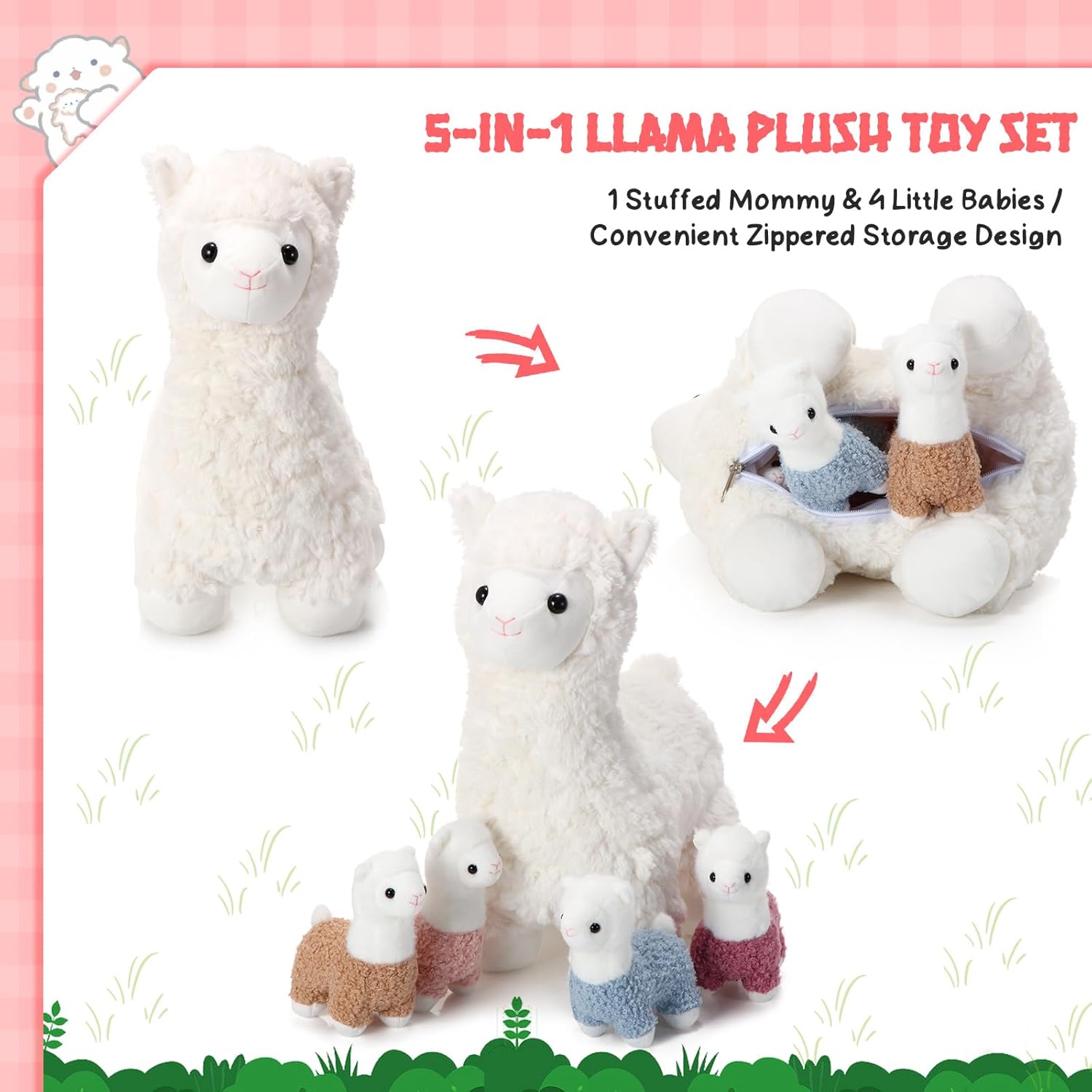 Lenwen 5 Pcs Llama Stuffed Animal Llama with Babies 14 Inch Mommy Alpaca with 4 Cute Plush Babies in Her Belly Soft Cuddly Plushie for Toddler Boy Girl Birthday Baby Shower Party Favors