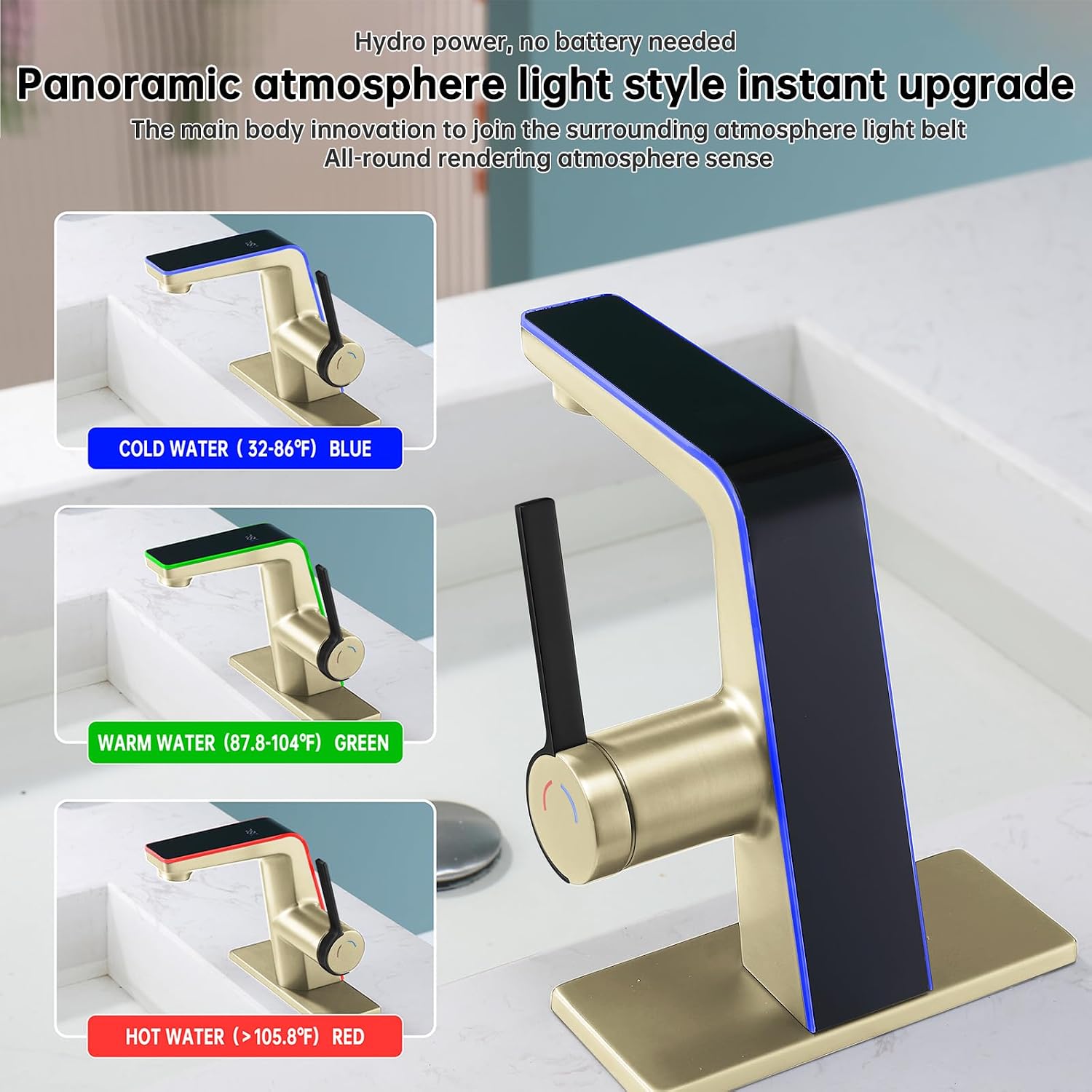 Brushed Gold LED Bathroom Faucet with Temperature Display - Brass Single Handle Faucet, 2 Water Modes, 1 or 3 Hole RV Tap with Deck Plate​