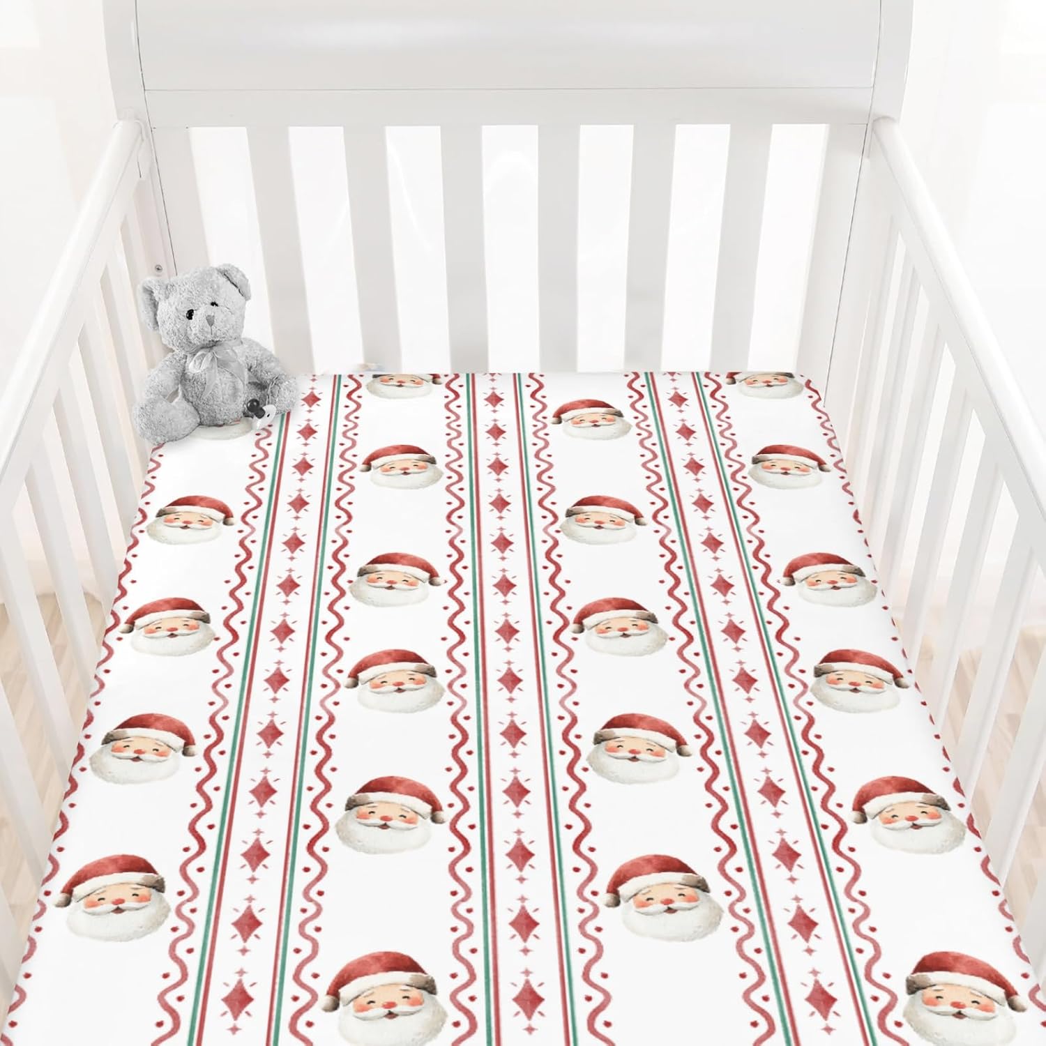 Cute Christmas Santa Stars Baby Crib Sheets Watercolor Santa Claus Striped Soft Baby Sheets Winter Festive Holiday Fitted Crib Mattress Cover for Standard Crib Mattress 52"x28"