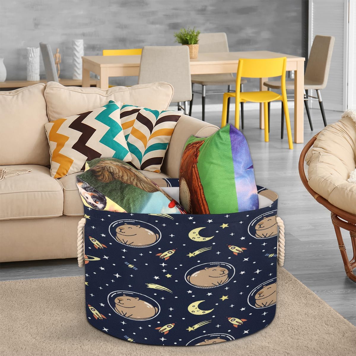 Large Storage Baskets - Space Capybara Astronaut Nursery Round Collapsible Organizer Bin Box, Laundry Hamper for Kids Toys, Blanket, Bedroom Living Room Home Decor, Gift Basket, 19.4"x13.3"