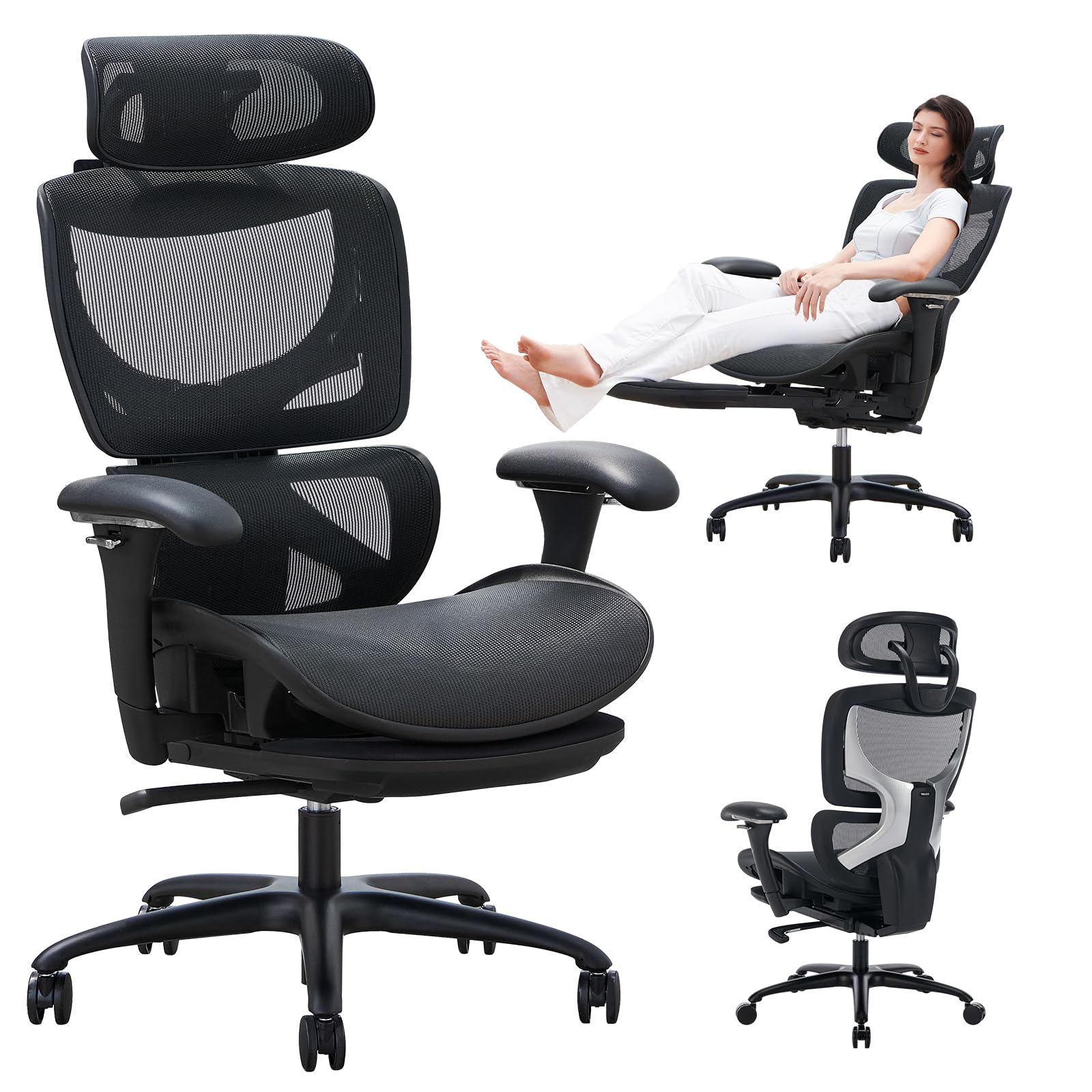COLAMY Ergonomischer Bürostuhl mit Fußstütze – Chefsessel mit hoher Rückenlehne, Verstellbarer Kopfstütze & 3D-Armlehnen – Atmungsaktives Mesh, dynamische Lendenstütze, höhenverstellbar – Schwarz