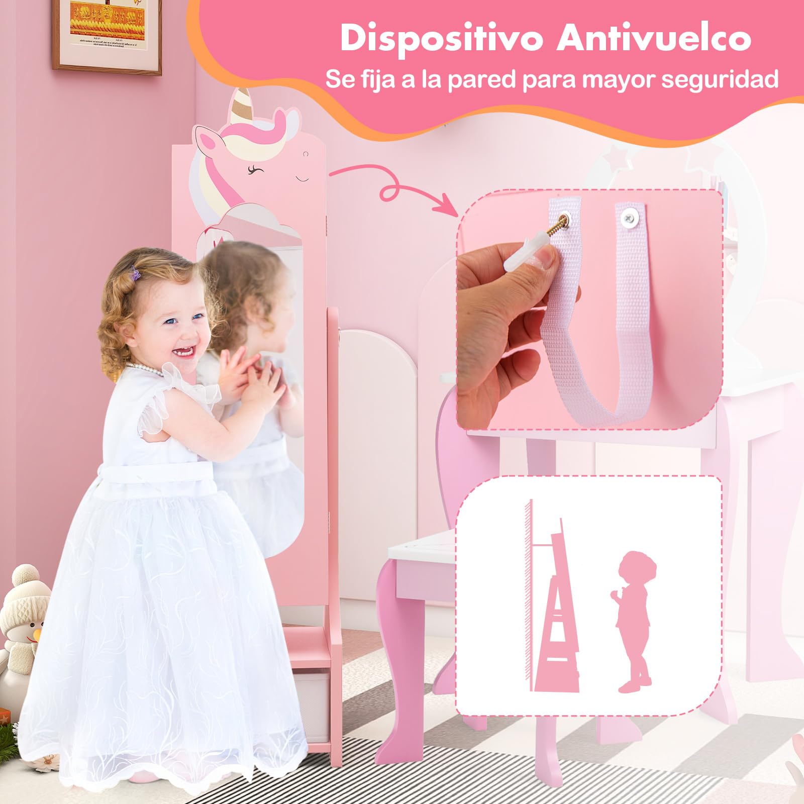 COSTWAY Armario para Joyas para Niños, Unicornio Espejo Joyero de Cuerpo Entero con Almacenamiento y 2 Ángulos Inclinados, Espejo de Vanidad con Ganchos, Estantes y Cajones (Rosa)
