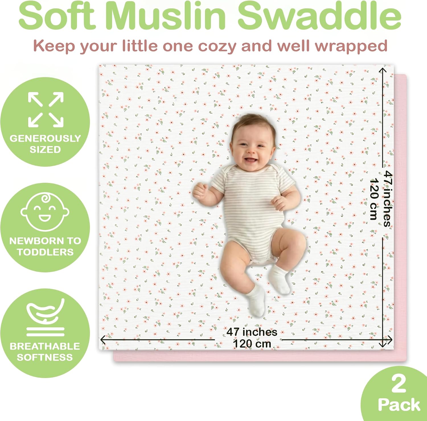Organic Muslin Baby Blanket 2-Pack Blush & Ivory Floral, 38 x 40 Inch, 100% Organic Cotton Oeko-TEX Certified Hypoallergenic Swaddle Blanket for Newborn Boy, Baby Boy Shower Gift