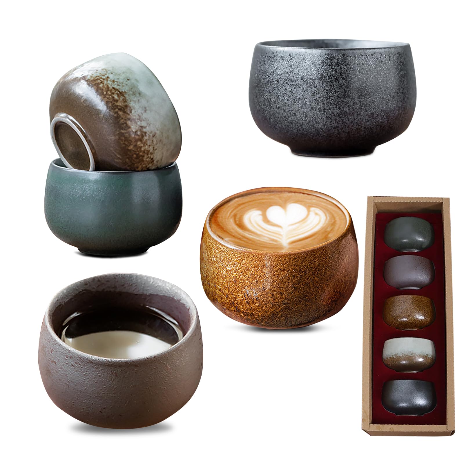 Bogoo Espressotassen-Set – 5 Stück, 100 Ml, Keramik, Japanisches „Relax“-Design, In Geschenkbox