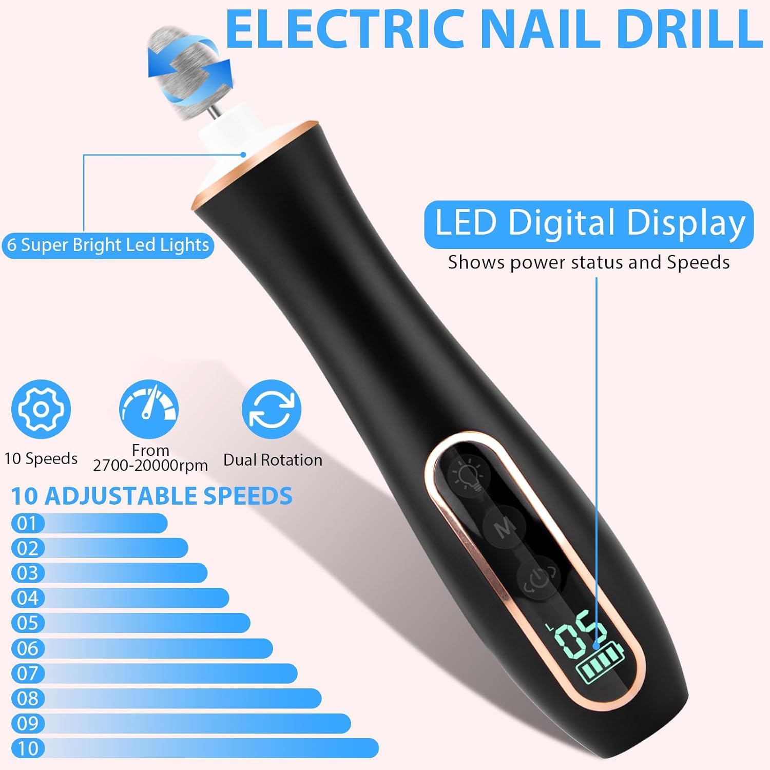 2 Pack Portable Electric Nail Drill Polisher – 10-in-1 Versatile Tool with 100PC Sanding Rings for DIY Care, Black+White