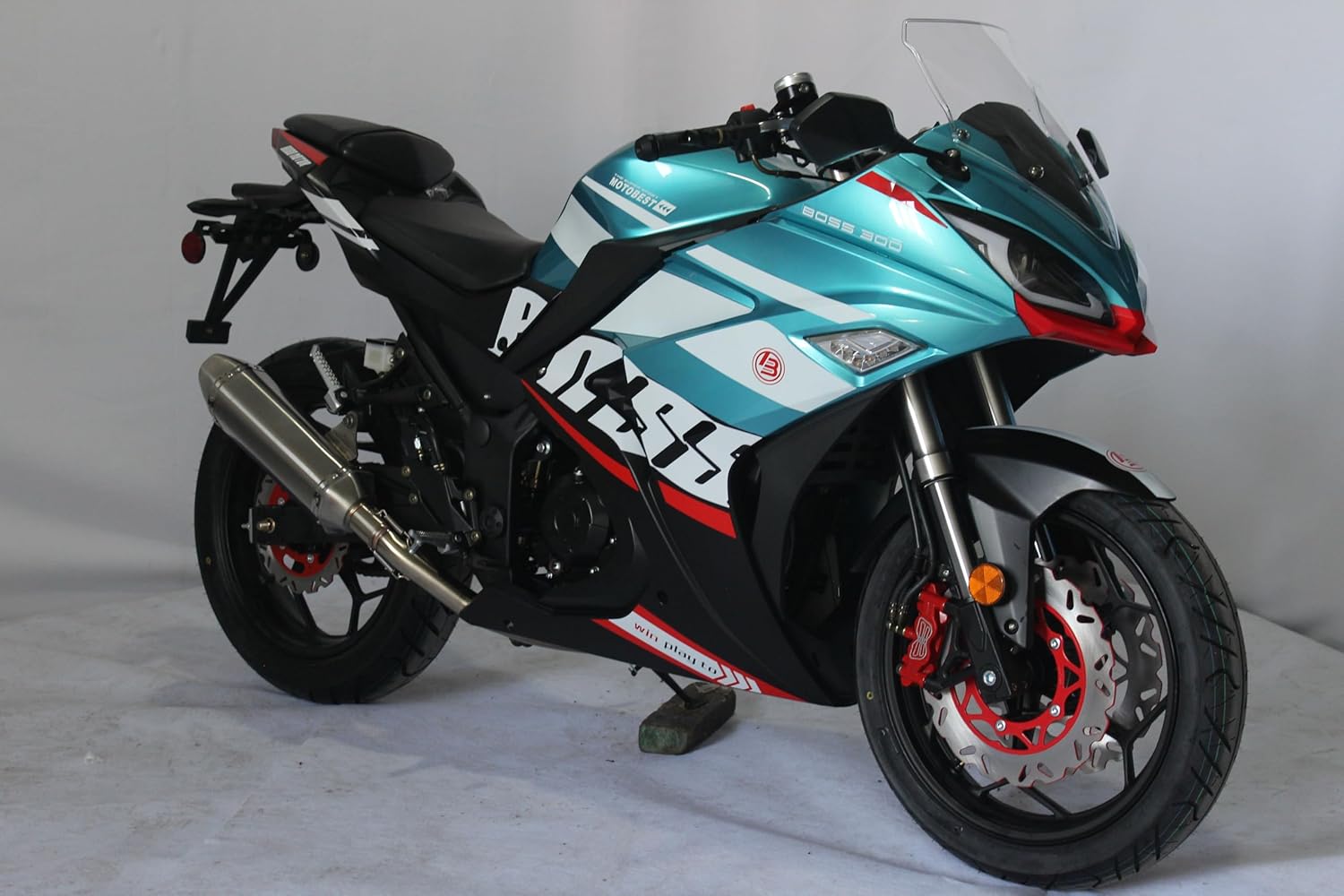 Boss 300 Sports Motorcycle, Turquoise and Black, Racing Style with LED Lights and Performance Exhaust