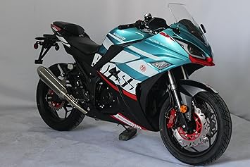 Boss 300 Sports Motorcycle, Turquoise and Black, Racing Style with LED Lights and Performance Exhaust