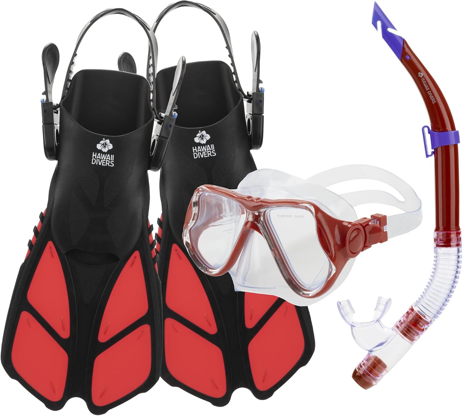 Hawaii Divers Manta Ray Adult Snorkel Set - Premium 2-Window Tempered Glass Snorkel Mask with Silicone Mouthpiece, Snorkeling Gear for Adults