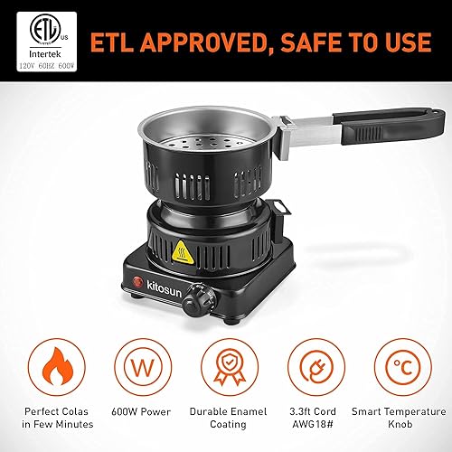 Miniatura 2 de Estufa eléctrica de carbón de coco, placa caliente aprobada por ETL, quemador de carbón duradero más rápido de 120 V ~ 600 W con mango desmontable,