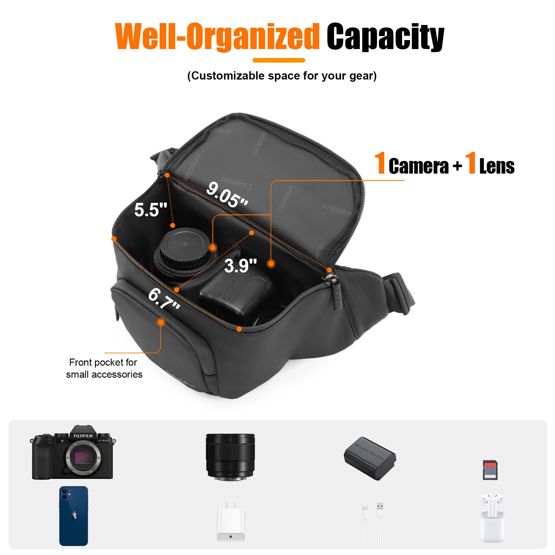 Cwatcun Bolsa para cámara Bolsa Impermeable para cinturón para cámara, Bolsa de Almacenamiento de Transporte Diario Bolsa Cruzada para Canon, Nikon, Sony, Fuji DSLR/SLR/cámara sin Espejo,Negro,S