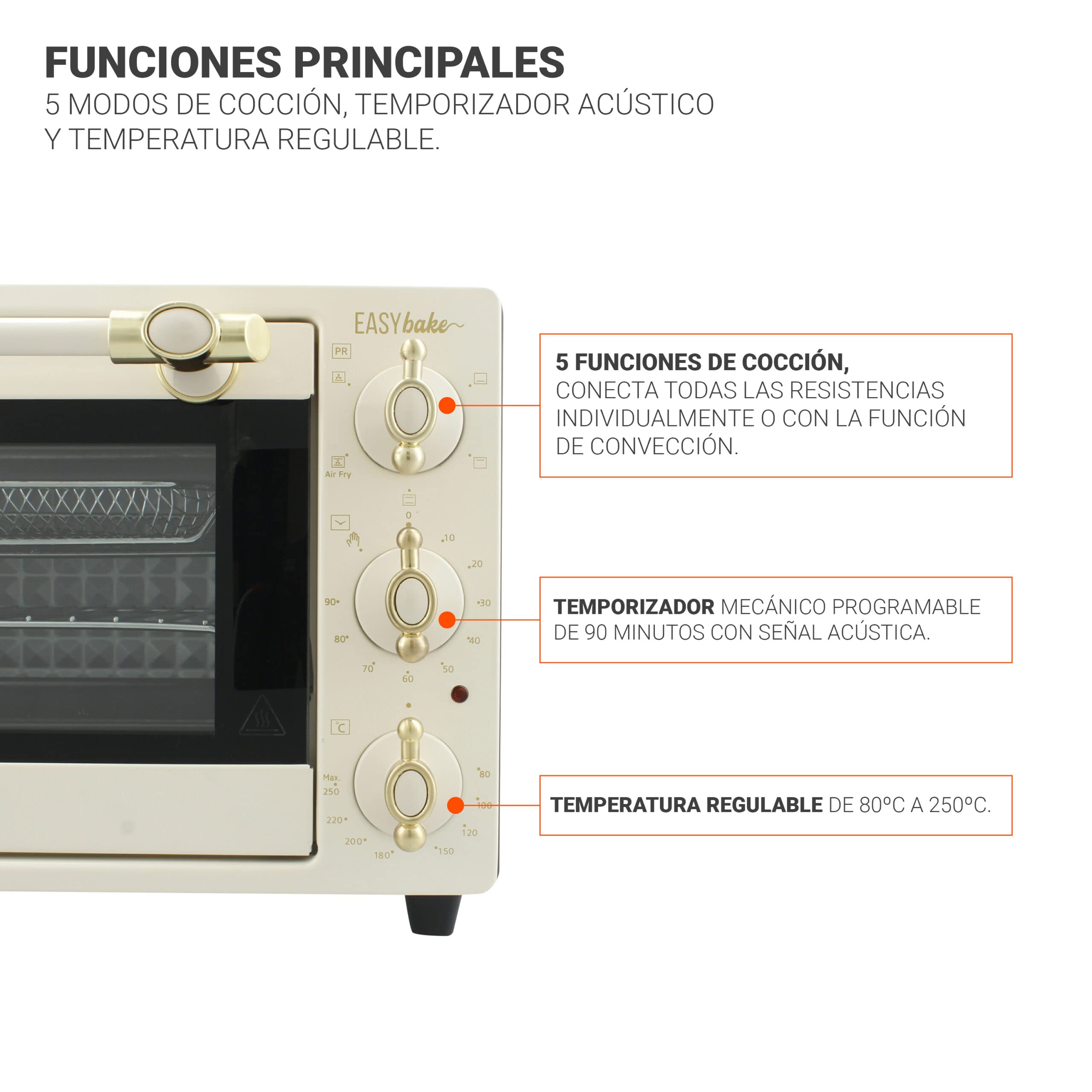 TM Electron EASYBAKE TMPHO020REB minihorno diseño retro con función de freidora sin aceite, 20litros, temperatura regulable 80ºC a 250ºC, 5 funciones, incluye 4 accesorios.