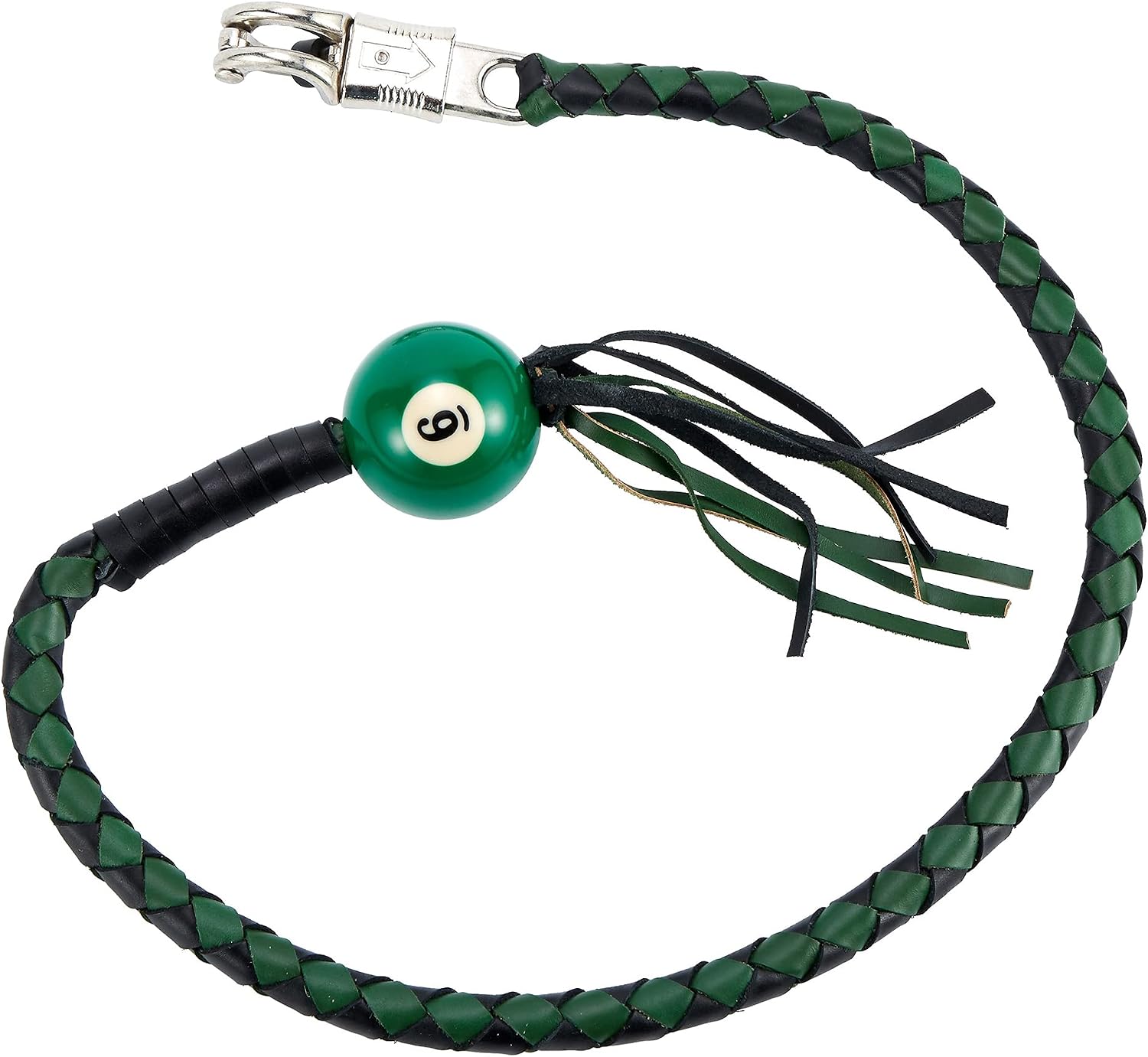 Dream Apparel 42" Leather Motorcycle Get Back Whip for Handlebar Fringed Biker Whip With Pool Ball, Black and Green