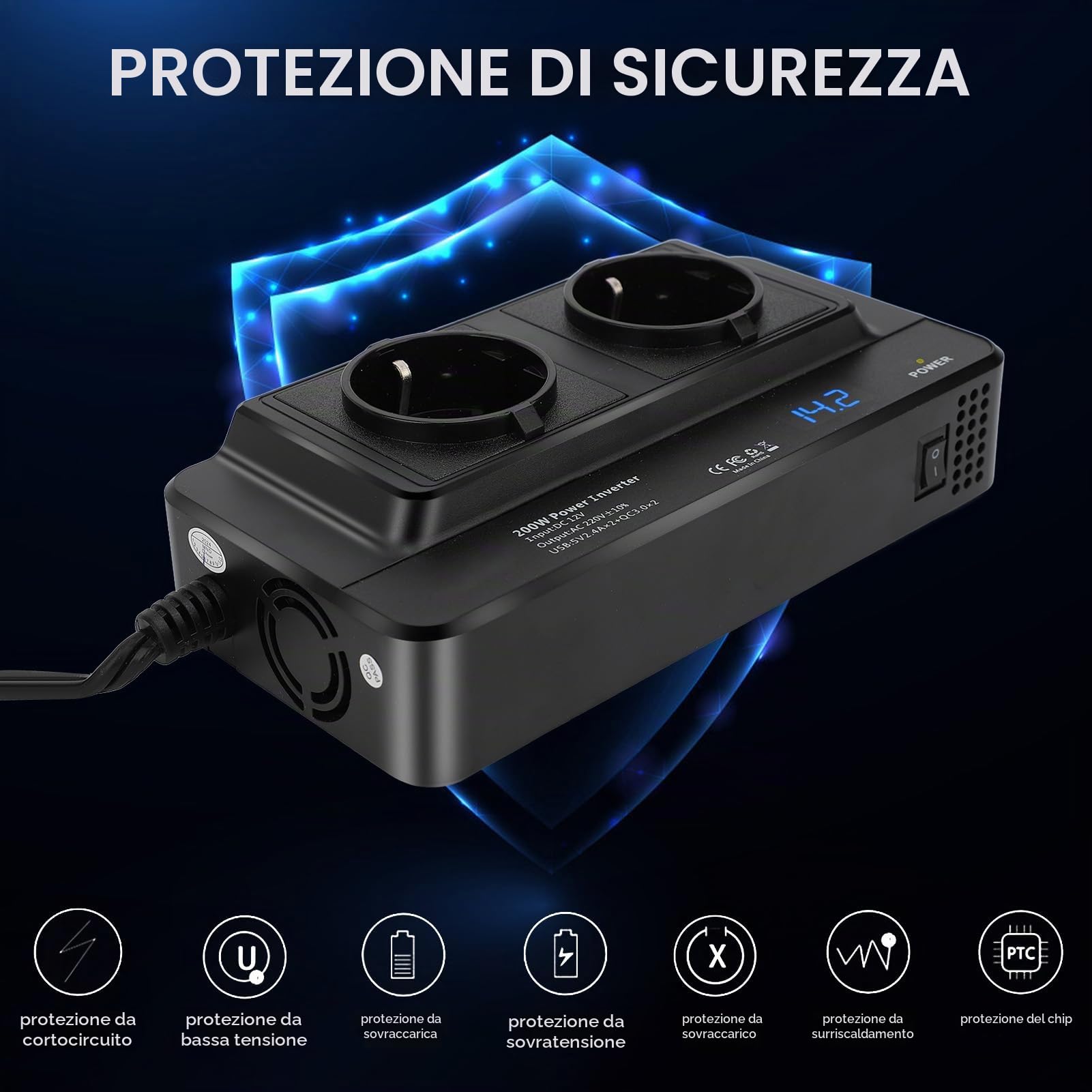200w Inverter 12v 220v Convertitore di Alimentazione per Auto con 4 Porte