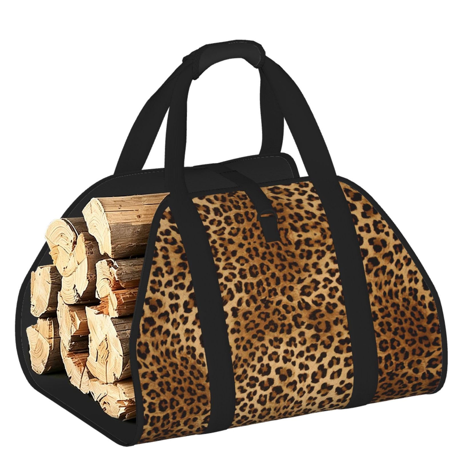 Cute Leopard Printed Firewood Carrier Bag, Log Tote with Open-Ended Design for Camping Outdoor Wood Hauling