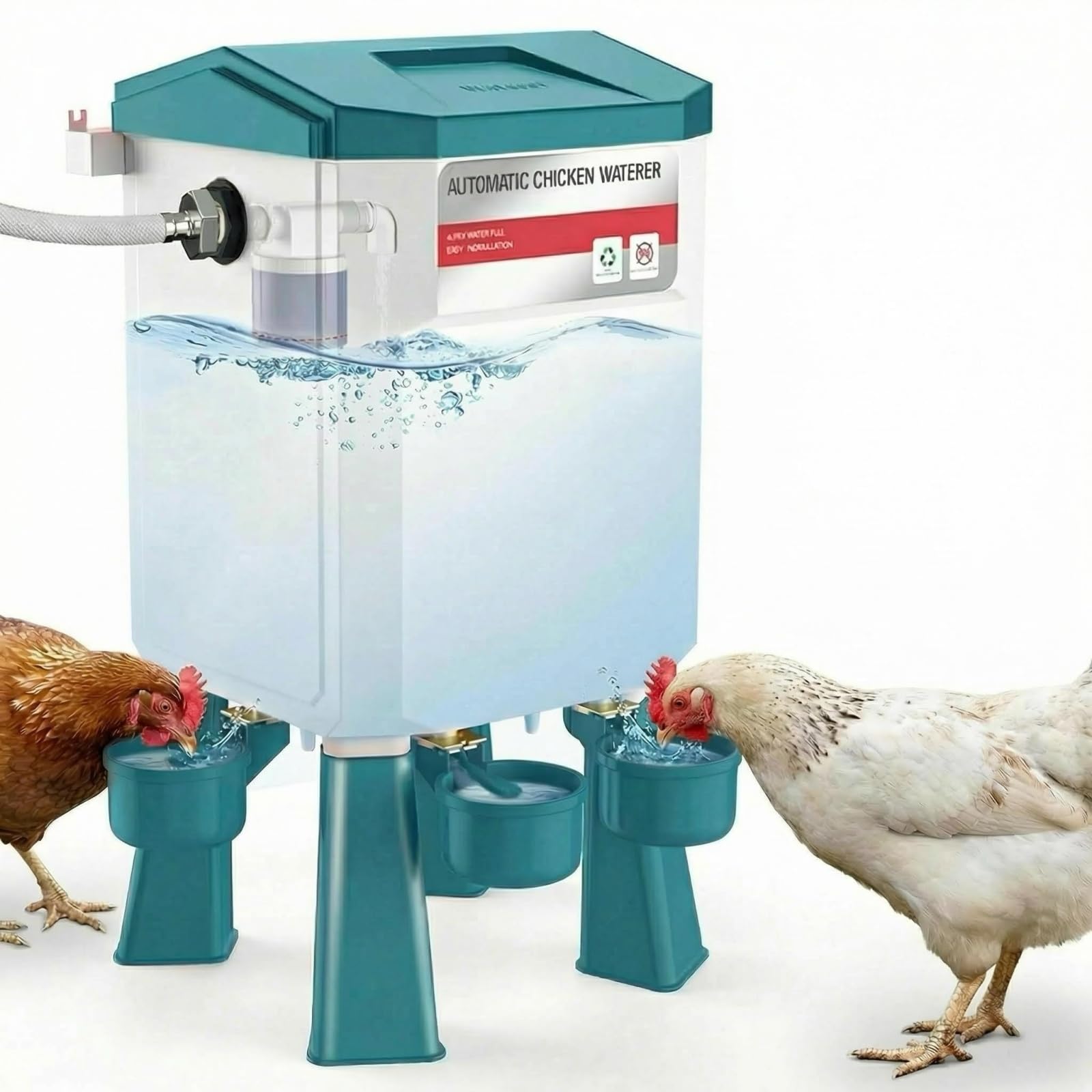 Photo 1 of 2 Gallon Automatic Chicken Waterer with Float Control, Hanging & Standing Poultry Water Feeder for Chickens, Ducks, Quail, Connect to 3/4'' Faucet & Hose, Easy Installation & Reliable Supply (Blue)