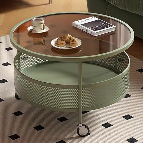 Miniatura 10 de Mesa de centro de cristal con ruedas giratorias, mesa de té redonda de 2 niveles con cesta de almacenamiento hueca de hierro, moderna mesa central