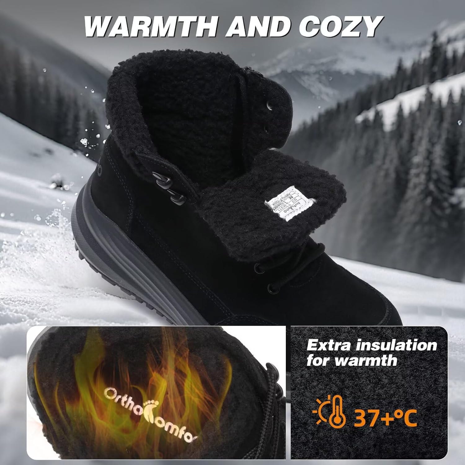 Women's Orthopedic Wide Snow Boots: Comfortable Winter Plantar Fasciitis Arch Support Diabetic Walking Shoes, Orthotic Leather Casual Trekking Warm Insulated Mid Ankle Boots for Foot Heel Pain Relief - Image 4