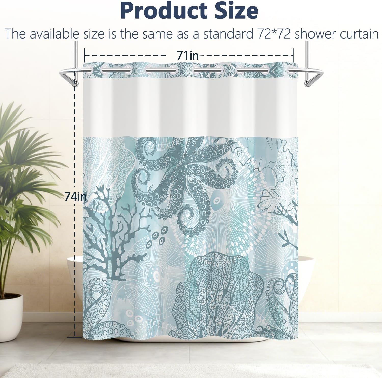 No Hook Shower Curtain with Snap in Liner, Nautical Coastal Ocean Sea Blue Octopus Bathroom Curtains Decor, Hotel Style Waterproof Fabric Shower Curtain with See Through Top Window, 71x74 Inch