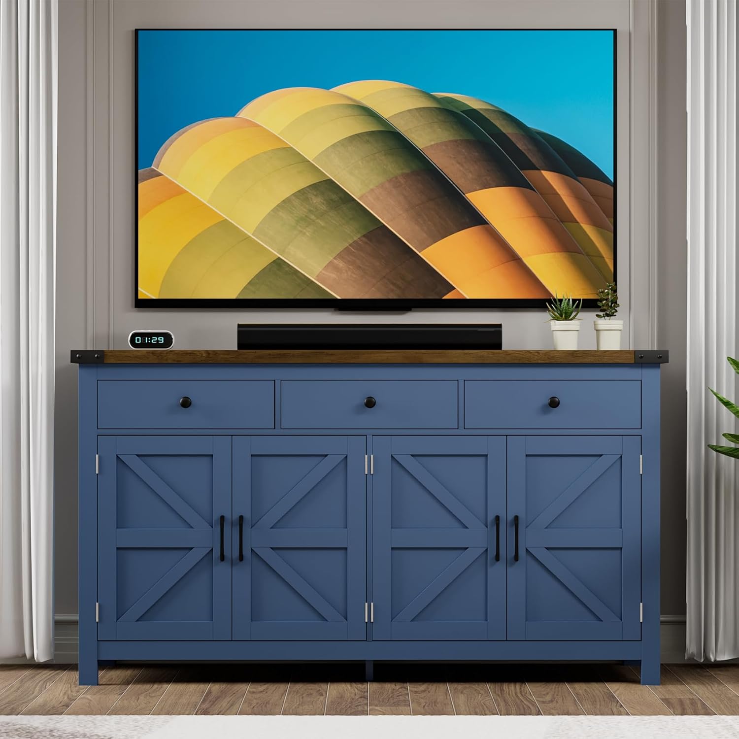 VVFLU 63" Sideboard Buffet Cabinet with Storage, Coffee Bar with 3 Drawers and 4 Barn Doors, Long Wider Storage Cabinet Modern Farmhouse, Blue Wood, for Kitchen, Dining Room, Living Room