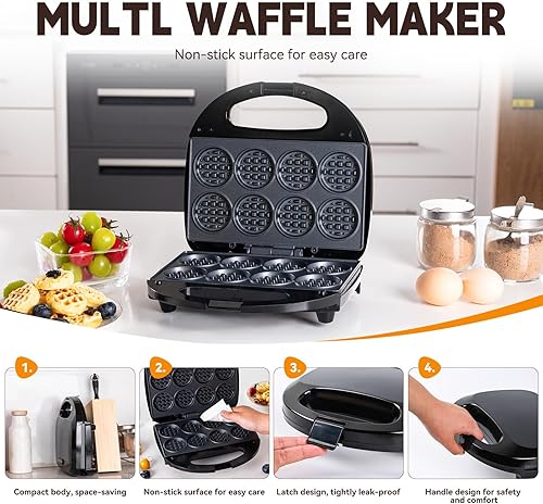 Miniatura 3 de Mini waflera, máquina antiadherente pequeña para hacer gofres con calentamiento rápido, hace 8 waffles, waflera para niños, solo tienes que añadir