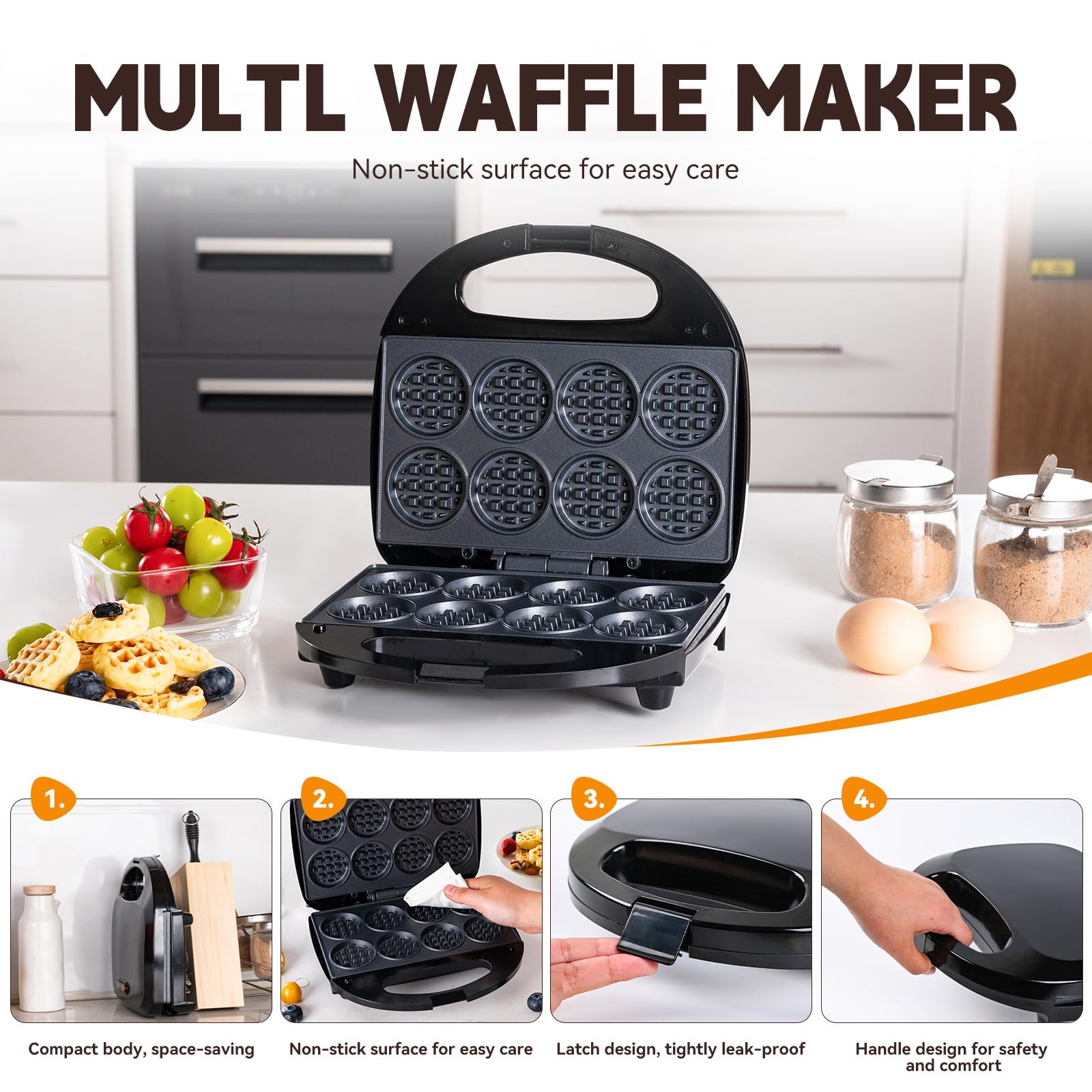 Mini waflera, máquina antiadherente pequeña para hacer gofres con calentamiento rápido, hace 8 waffles, waflera para niños, solo tienes que añadir la bata, adecuada para desayunos, aperitivos, postres 3