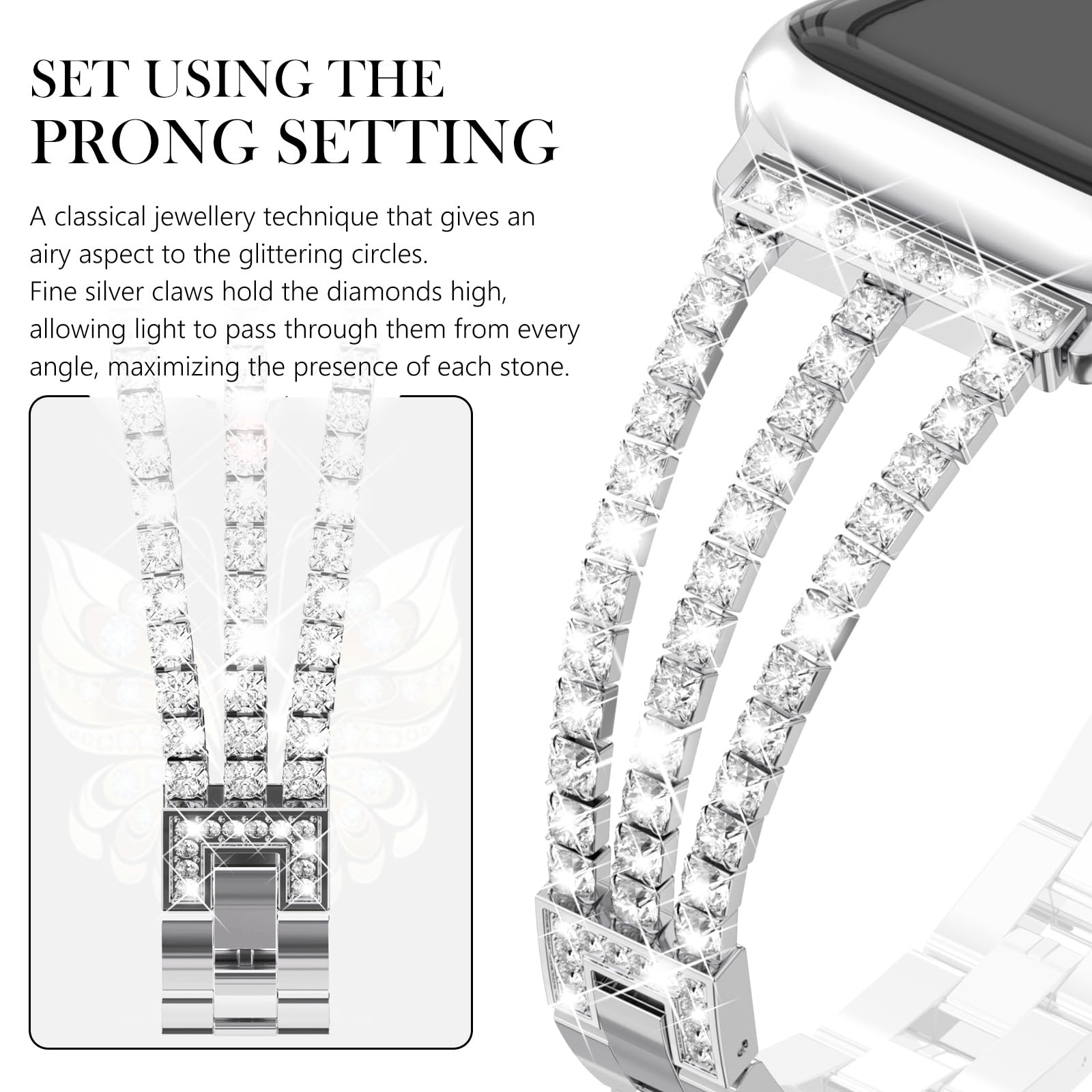 CHANCHY 42mm(series 11 10) 41mm 40mm 38mm Compatible with Apple Watch Strap for Women,Bling Strap Sparkling Crystal Bracelet Replacement Band for iWatch SE 3 2 1,Series 11 10 9 8 7 6 5 4 3 2 1,Silver - Image 3