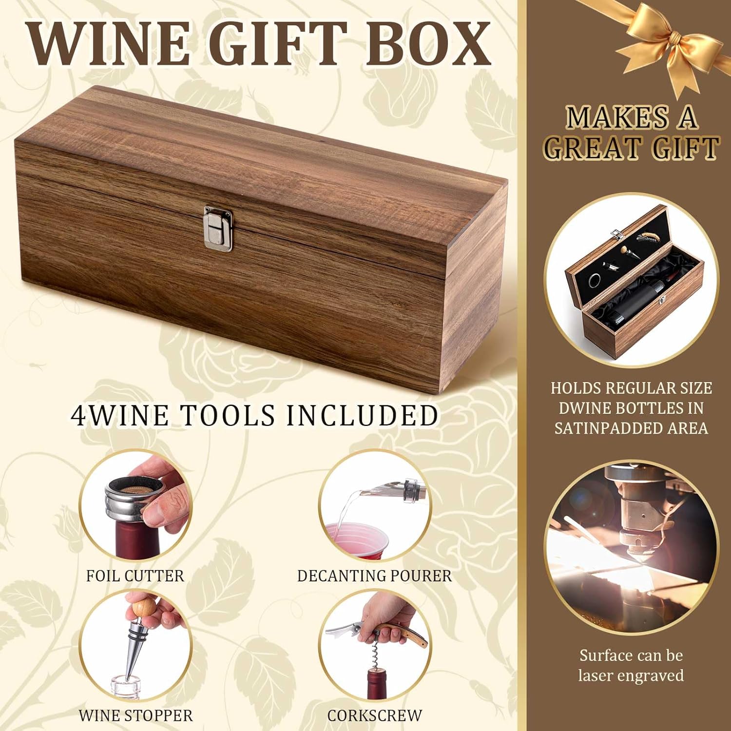 Teenyyou 1 Pc Vintage Wooden Wine Gift Box with 4 Accessories, Retro Single Bottle Case, Elegant Present for Father's Mother's Day Thanksgiving Housewarming Wedding (Acacia Wood, Natural Wood)