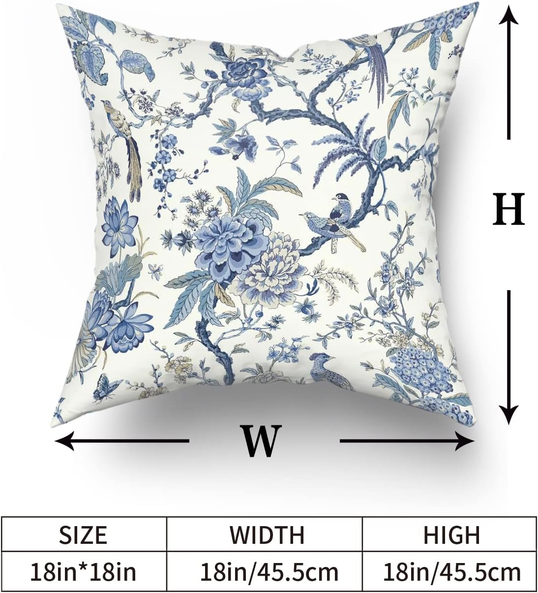 Sweetshow Chinoiserie Pillow Covers 24x24 Inch Set of 2 Blue and White Floral Birds Decorative Throw Pillows Rustic Vintage Flowers Pillow Cases Cotton Square Cushion Cover Decor for Couch Bed Sofa