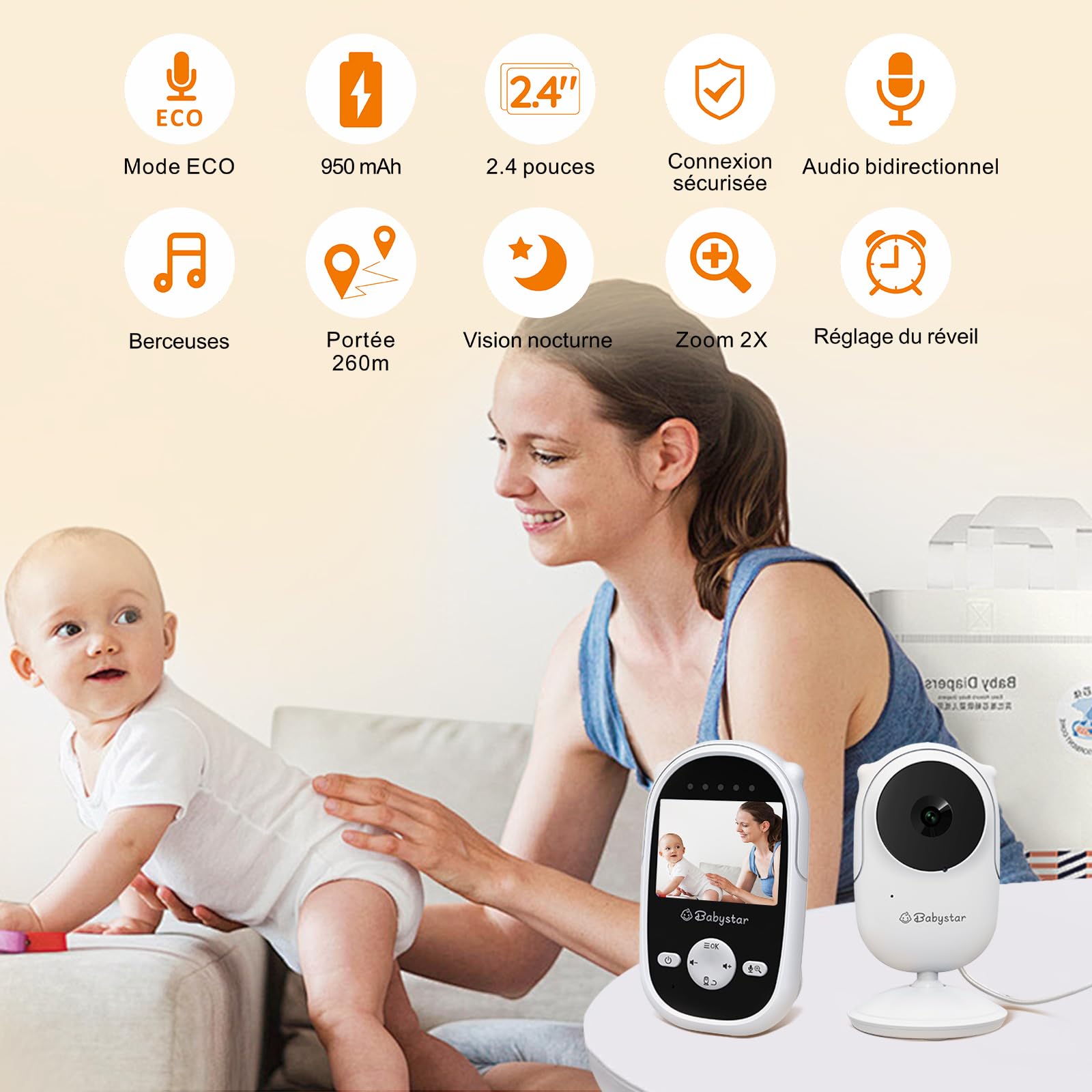 Babystar Babyphone avec caméra 2,4 Pouces Vidéo Babyphone, Fonction de Vision Nocturne Automatique, Mode ECO, Audio bidirectionnel, Rappel d'alimentation, 4 berceuses