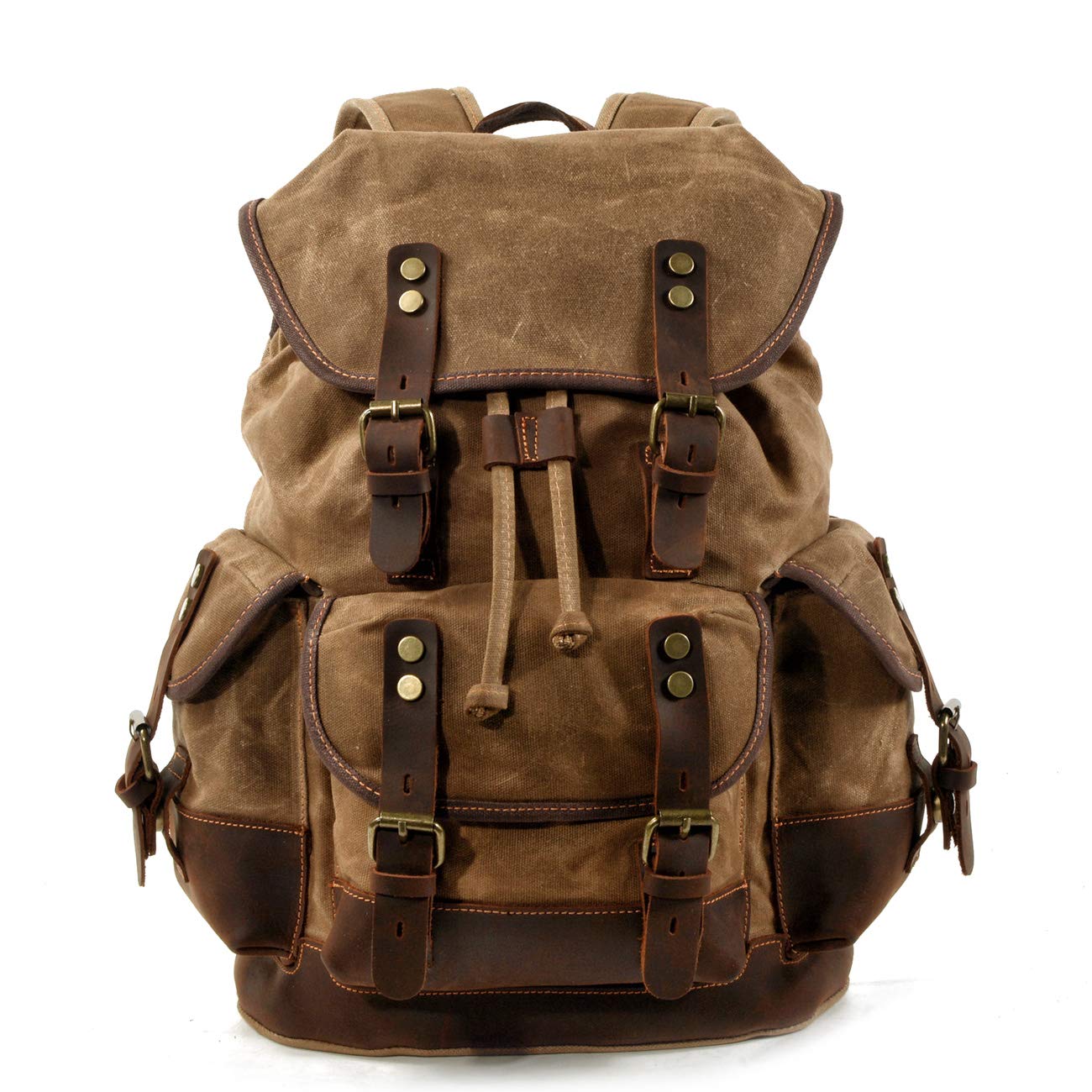 WUDON Men Travel Backpack Genuine Leather-Waxed Canvas Shoulder Hiking Rucksack