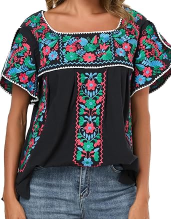 Womens Mexican Peasant Blouse Embroidered Tops Summer Vacation Boho Shirt