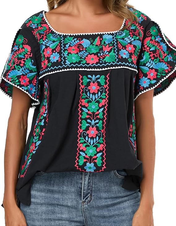 Womens Mexican Peasant Blouse Embroidered Tops Summer Vacation Boho Shirt