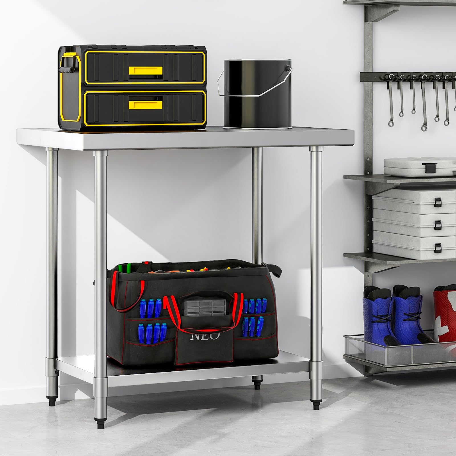 GYMAX Tavolo da Lavoro per Cucina Acciaio Inox Professionale, Carico 180kg + 155kg, Ripiano Inferiore Regolabile, per Commerciale Ristorante Ospedale (Stile 2, 92 x 61 x 90 cm)