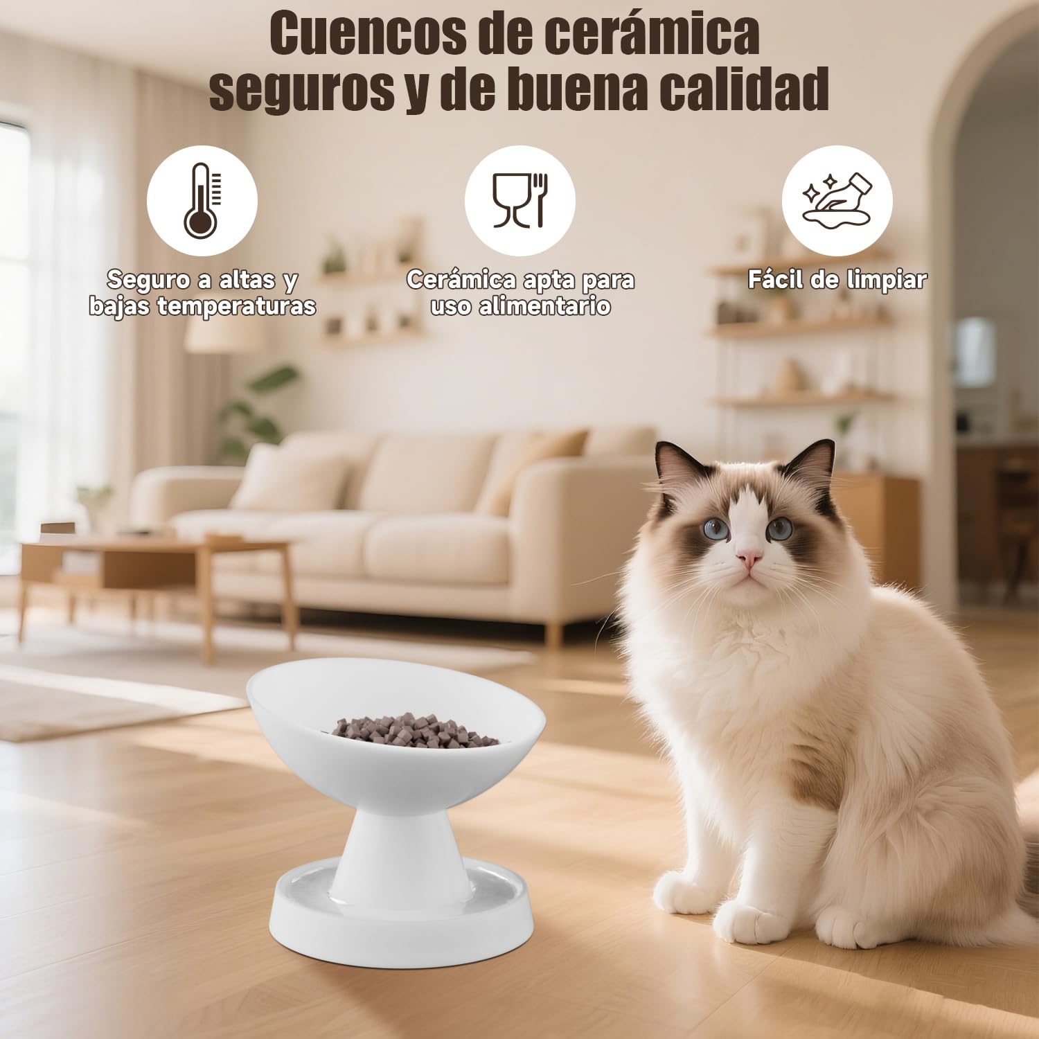 Comedero de Cerámica para Gatos, Pawinner Plato Elevado para Mascotas, Diseño Inclinado 15°, Barrera Antihormigas, Fácil Limpieza, Base Estable, para Gatos y Perros Pequeños, 250 ml, Blanco — view 6