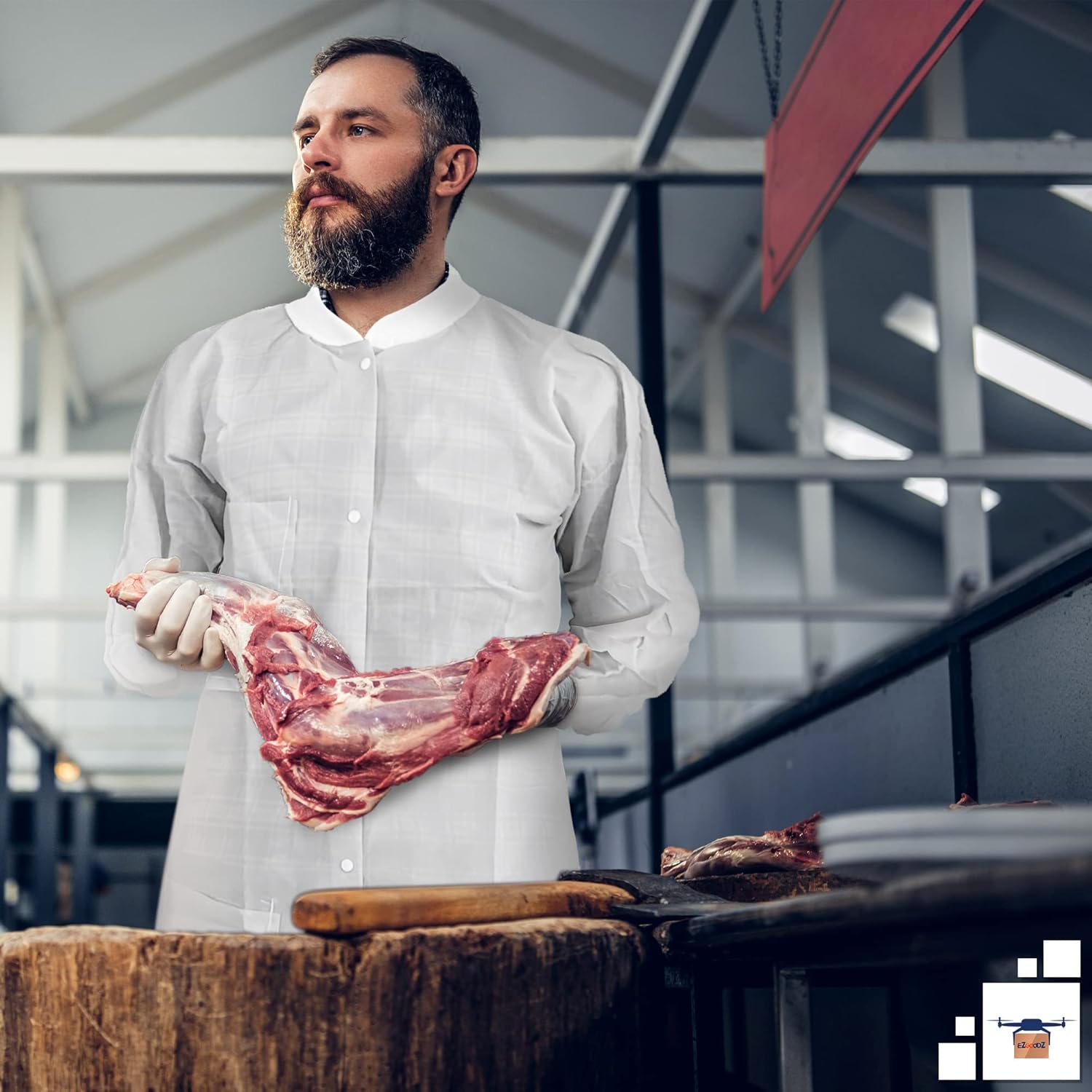 EZGOODZ White Disposable Lab Coats for Adults, Medium. 10 Pack Medical PPE Coat. SPP 45 GSM Painting Lab Coat with Cuffs, Collar, Plastic Snaps, 3 Pockets. Splash-Proof Disposable Coats Medical