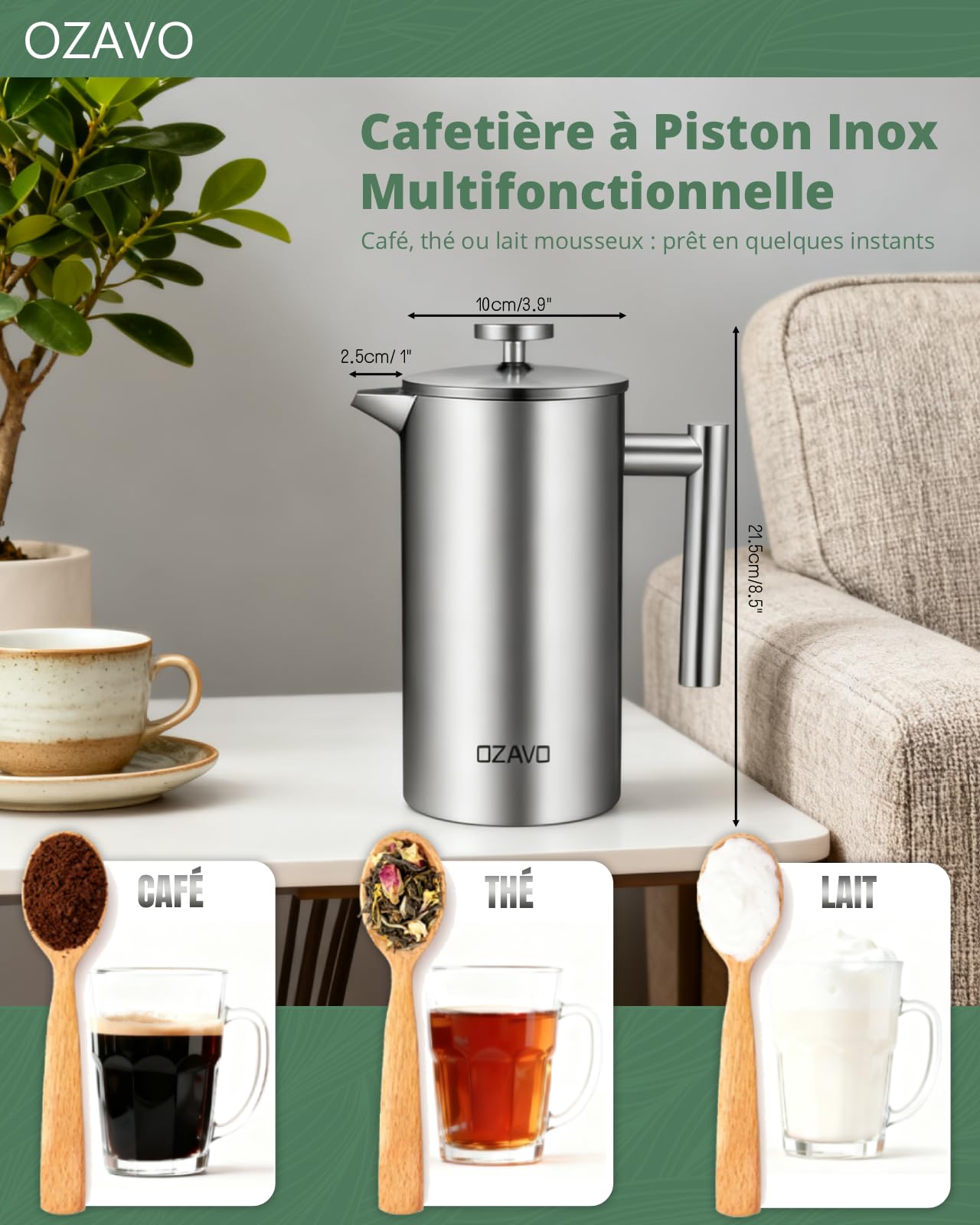 Caffettiere a Pistone Caffettiera Francese in Acciaio Inox, Capacità 1 L per 8 Tazze French Press Caffè, con 5 Filtri di Ricambio