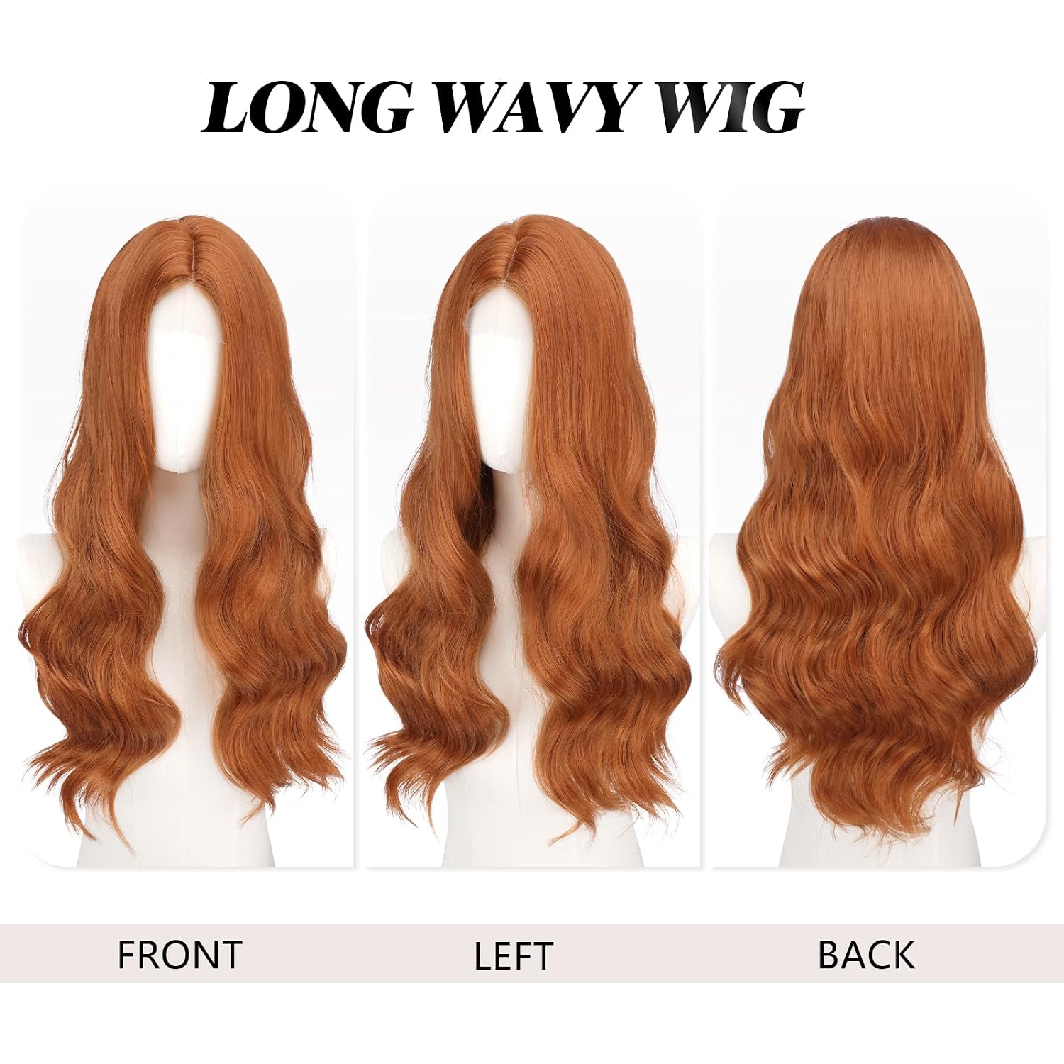 FESHFEN Long Auburn Red Wigs for Women, 24 inch Lace Front Hairline Middle Parting Synthetic Wavy Wig for Daily Party