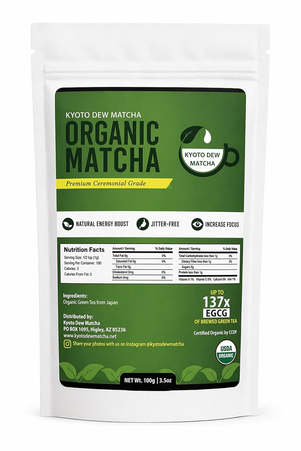 Kyoto Dew Matcha - Ceremonial Blend – Authentic Japanese First Harvest - USDA Organic Ceremonial Grade Matcha Green Tea Powder from Uji, Kyoto, Bag (3.5oz)