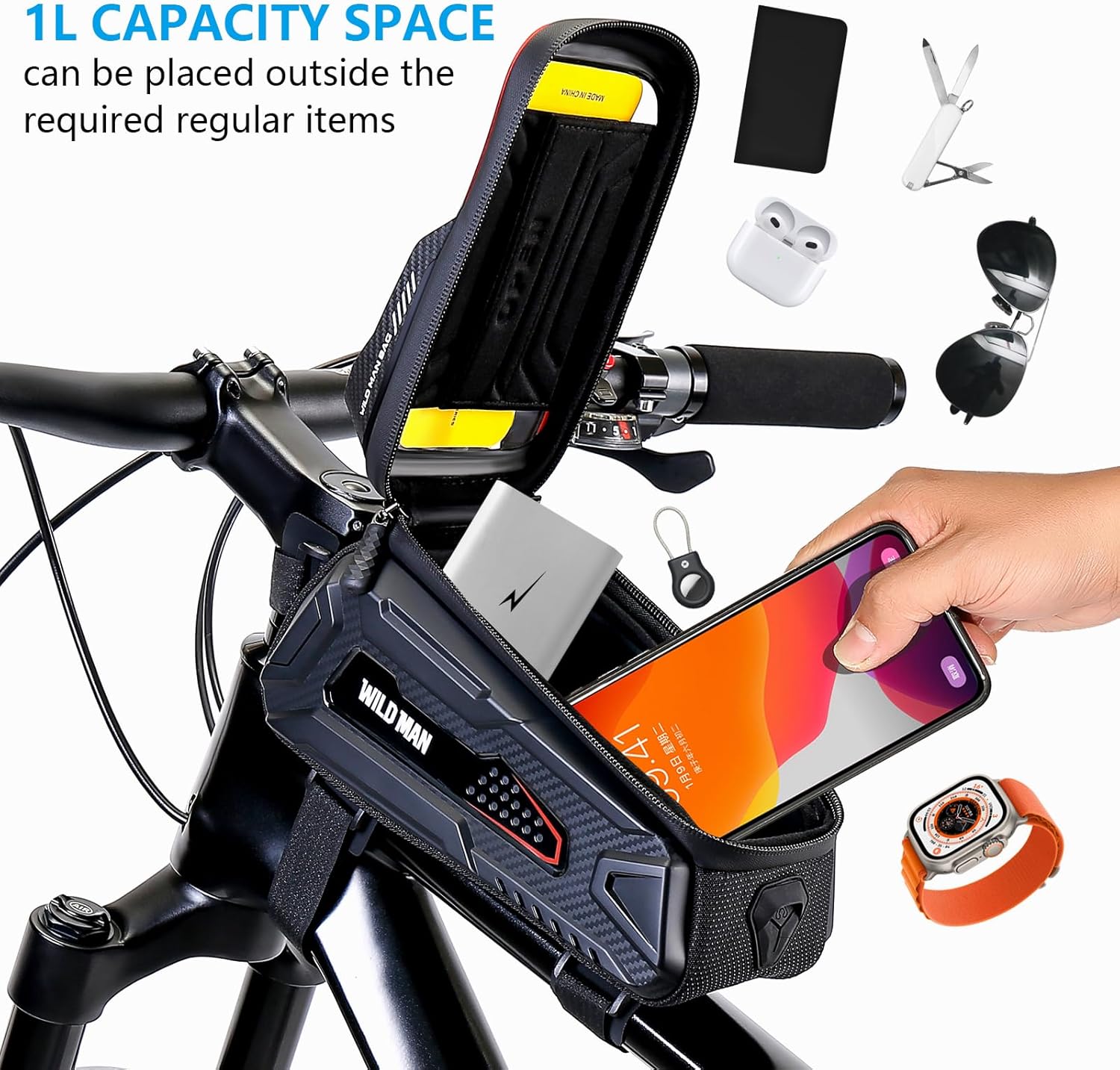 WILD MAN Bike Bag Bike Phone Bag EVA Waterproof Front Frame bag Top Tube Handlebar Bag Bicycle bag Bike Accessories Holder Compatible Phones Under 6.8(Black)