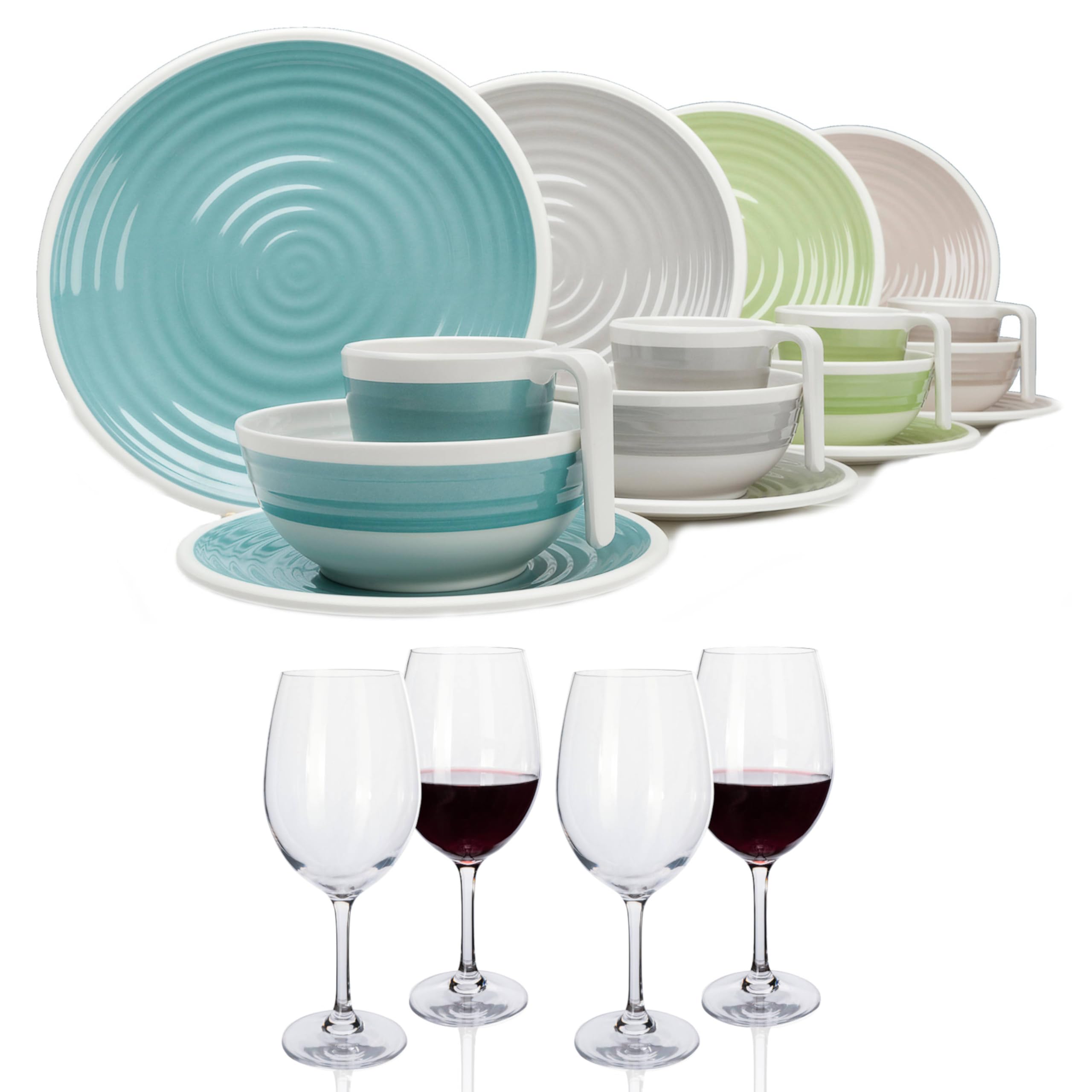 Vajilla de melamina para camping, 4 personas, armonía, 16 piezas + 4 copas de vino tinto, vajilla de pícnic, barbacoa
