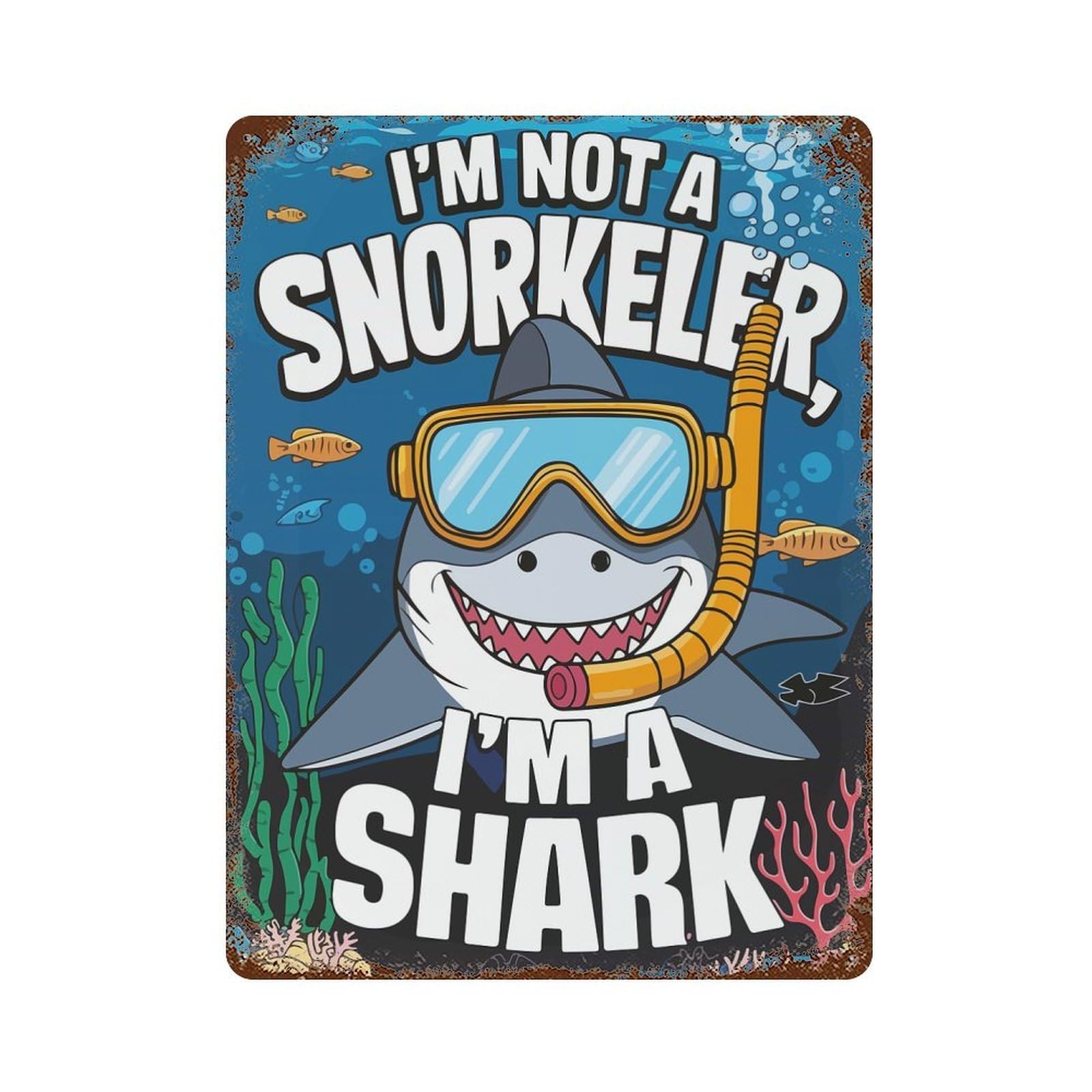 Shark Snorkeler 15.7"x11.8" Rustic Tin Plaque, Novelty Wall Decor for Bistro, Counter And Cafe Decor