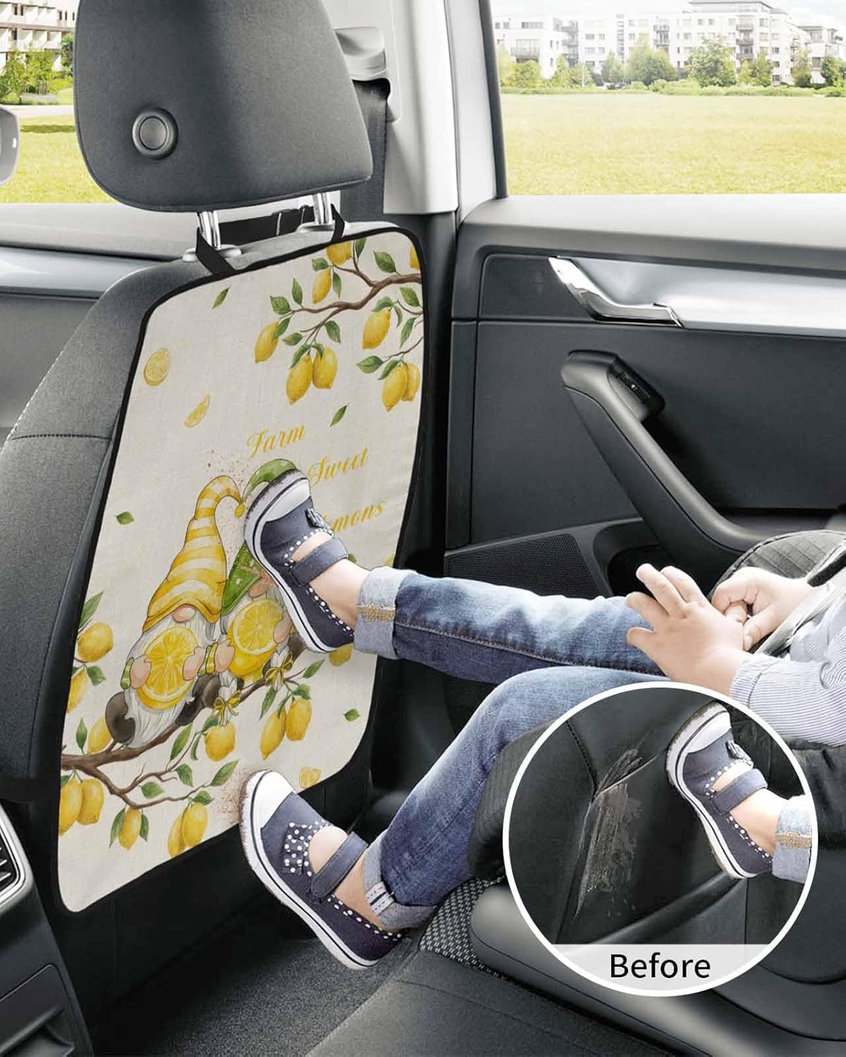 T&H XHome Car Seat Protector, 2 Pack Kick Mats Back Seat Protector Summer Gnome Farm Lemon Tree Linen Waterproof Backseat Cover for Kids Universal Fit Automotive Interior Protectors