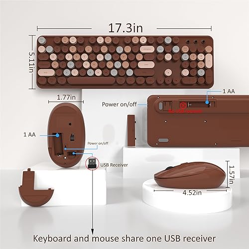 Miniatura 4 de Teclado y mouse inalámbricos, teclado retro de tamaño completo con teclas redondas, 2.4 GHz para Windows, Mac, laptop, PC, escritorio (café colorido)